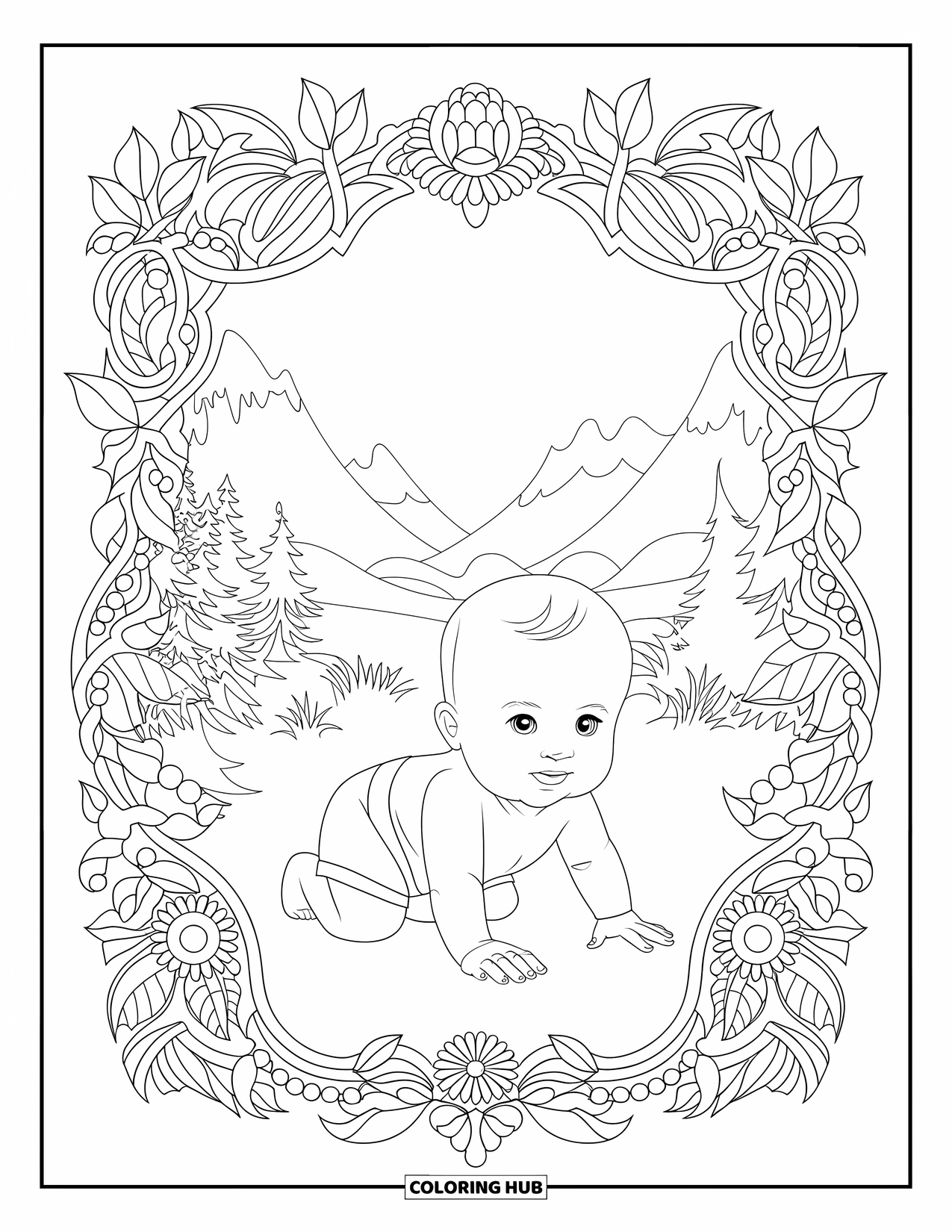 Baby Boy Coloring Page for Adults: A crawling baby explores inside an intricate floral and vine-filled border