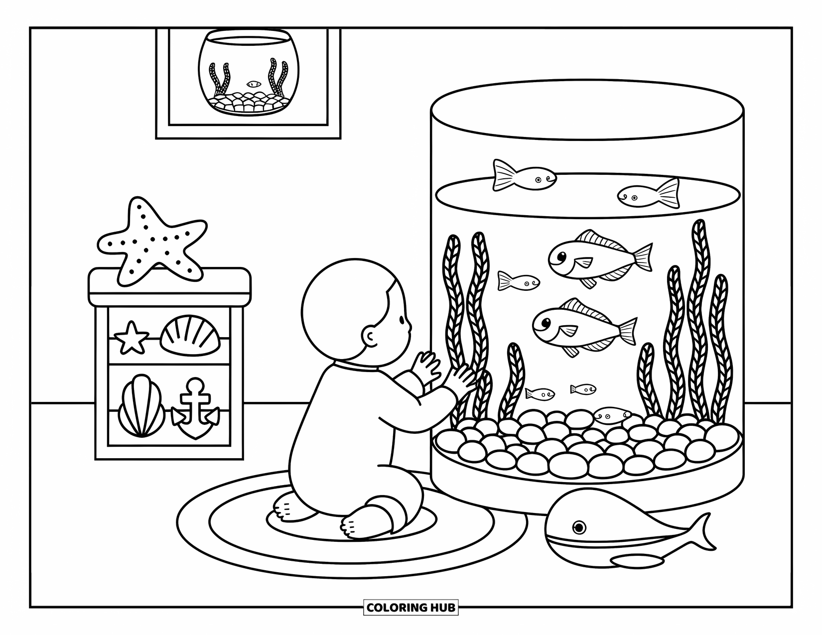 Baby Boy Coloring Page for Adults: A curious baby gazes into a fish tank, surrounded by sea toys and decor