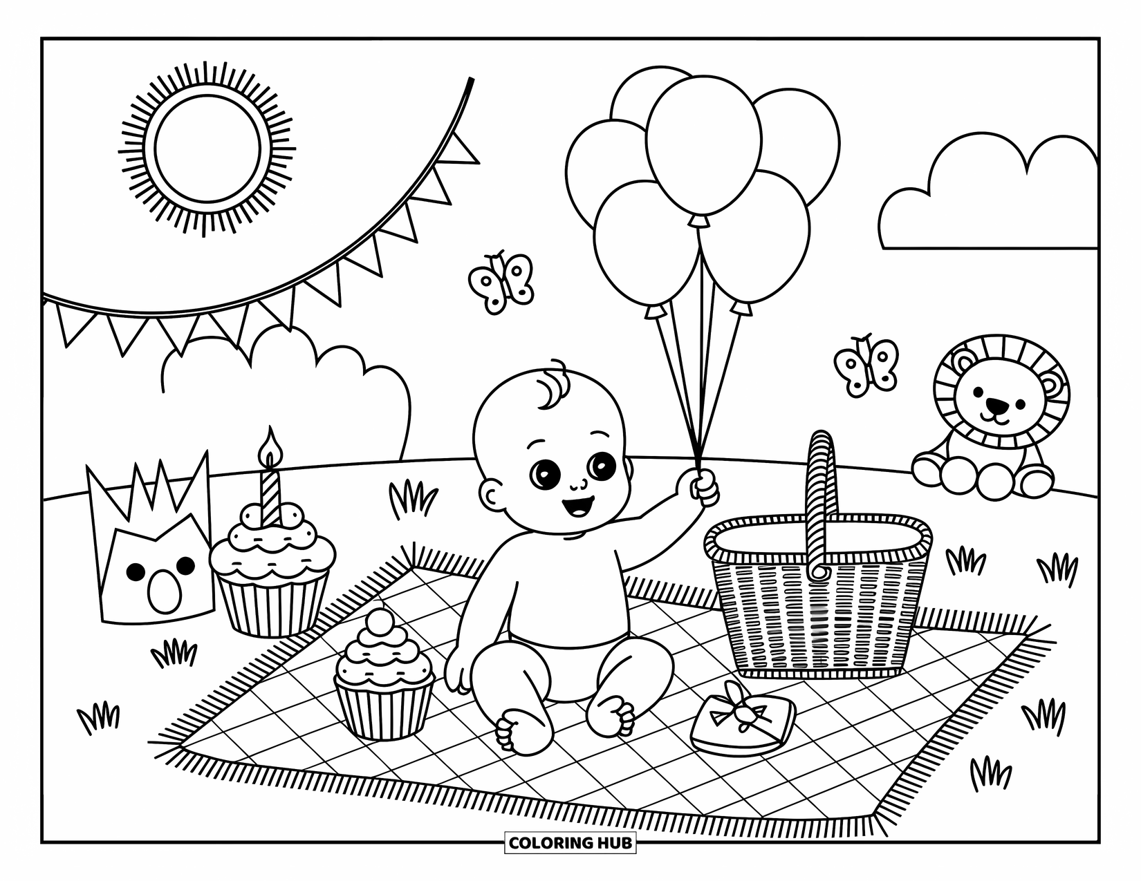 Baby Boy Coloring Page for Adults: A smiling baby reaches for picnic balloons near a cupcake and stuffed animals