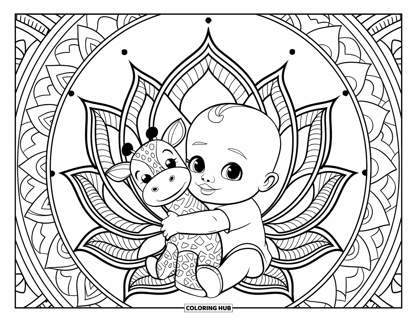 Baby Boy Coloring Page for Adults: A sweet baby hugs a plush giraffe inside a calming lotus flower mandala