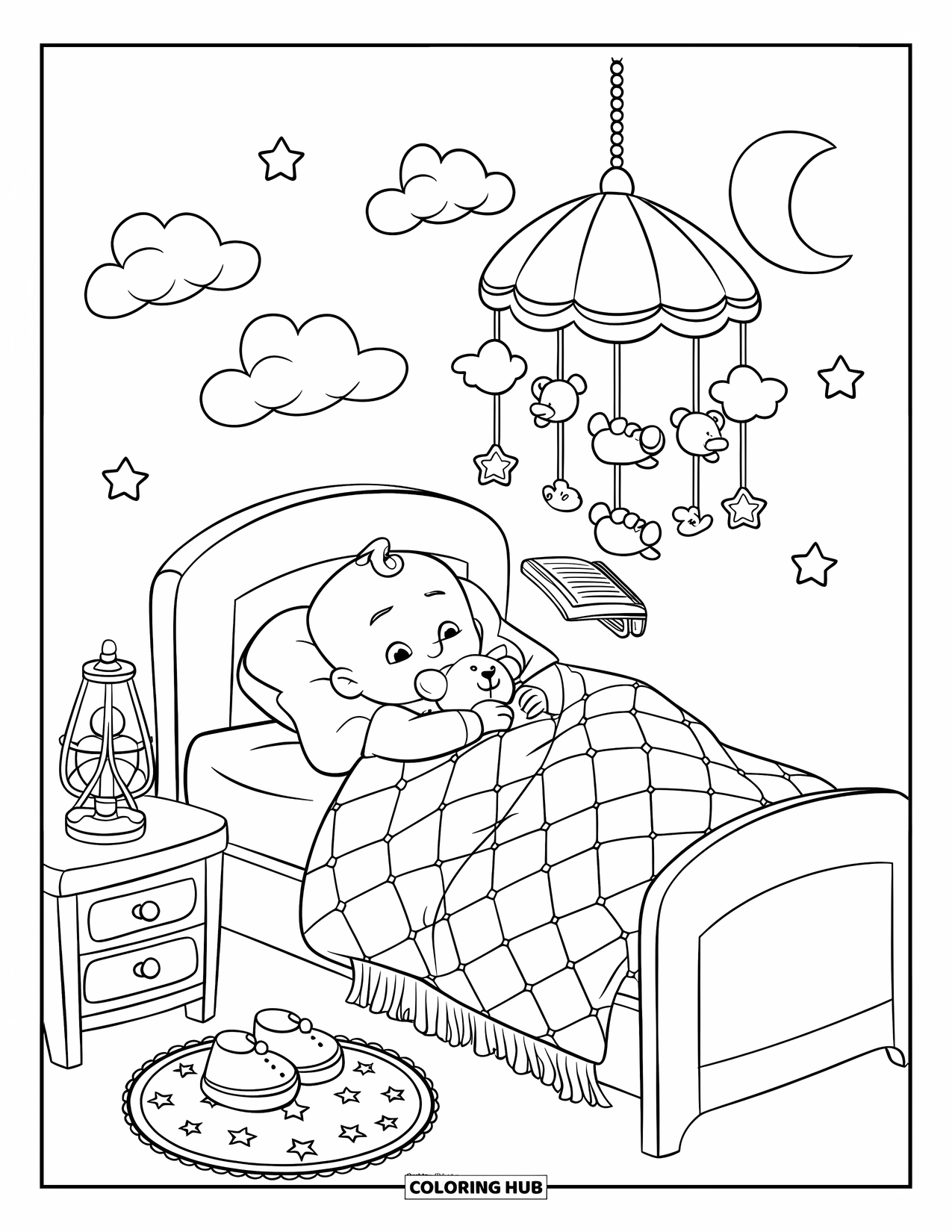 Baby Boy Coloring Page for Kids: A baby cuddles a teddy bear in bed beneath a cloud-and-star mobile