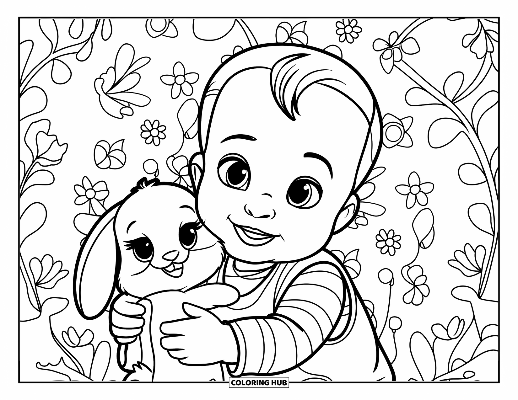 Baby Boy Coloring Page for Kids: A baby hugs a bunny plush while smiling in front of a patterned background