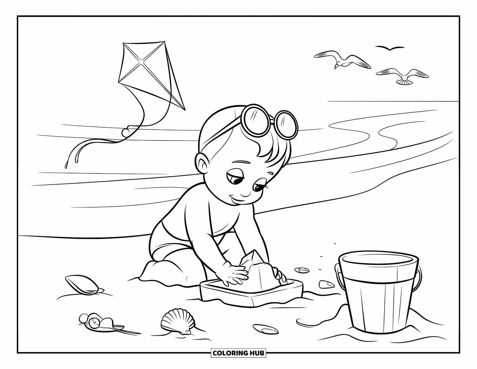 Baby Boy Coloring Page for Kids: A baby in a sunhat builds a sandcastle while a kite floats above the beach