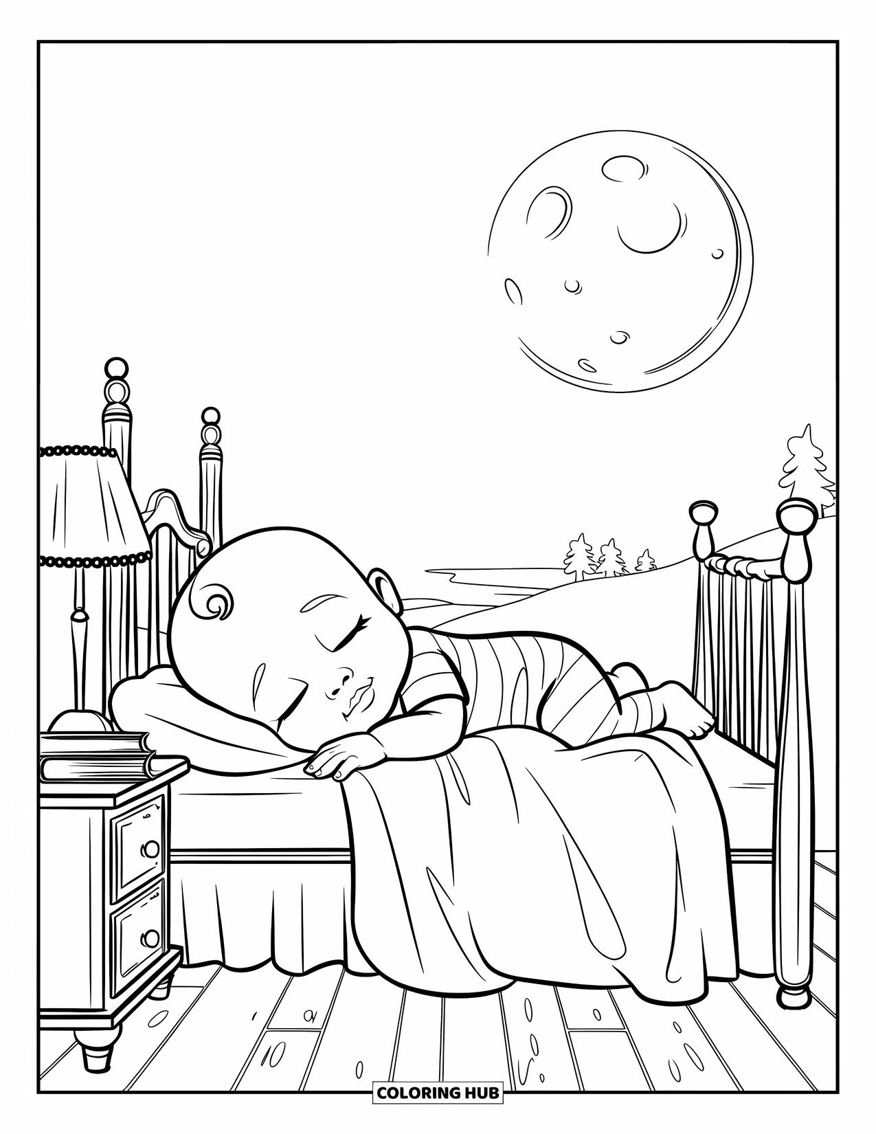 Baby Boy Coloring Page for Kids: A baby lies in bed with a full moon glowing outside the nursery window