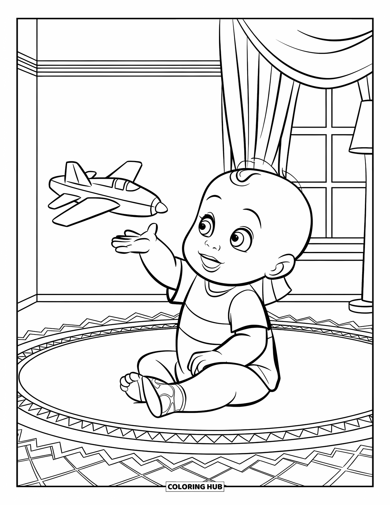 Baby Boy Coloring Page for Kids: A baby lifts a toy plane above him while sitting on a striped carpet