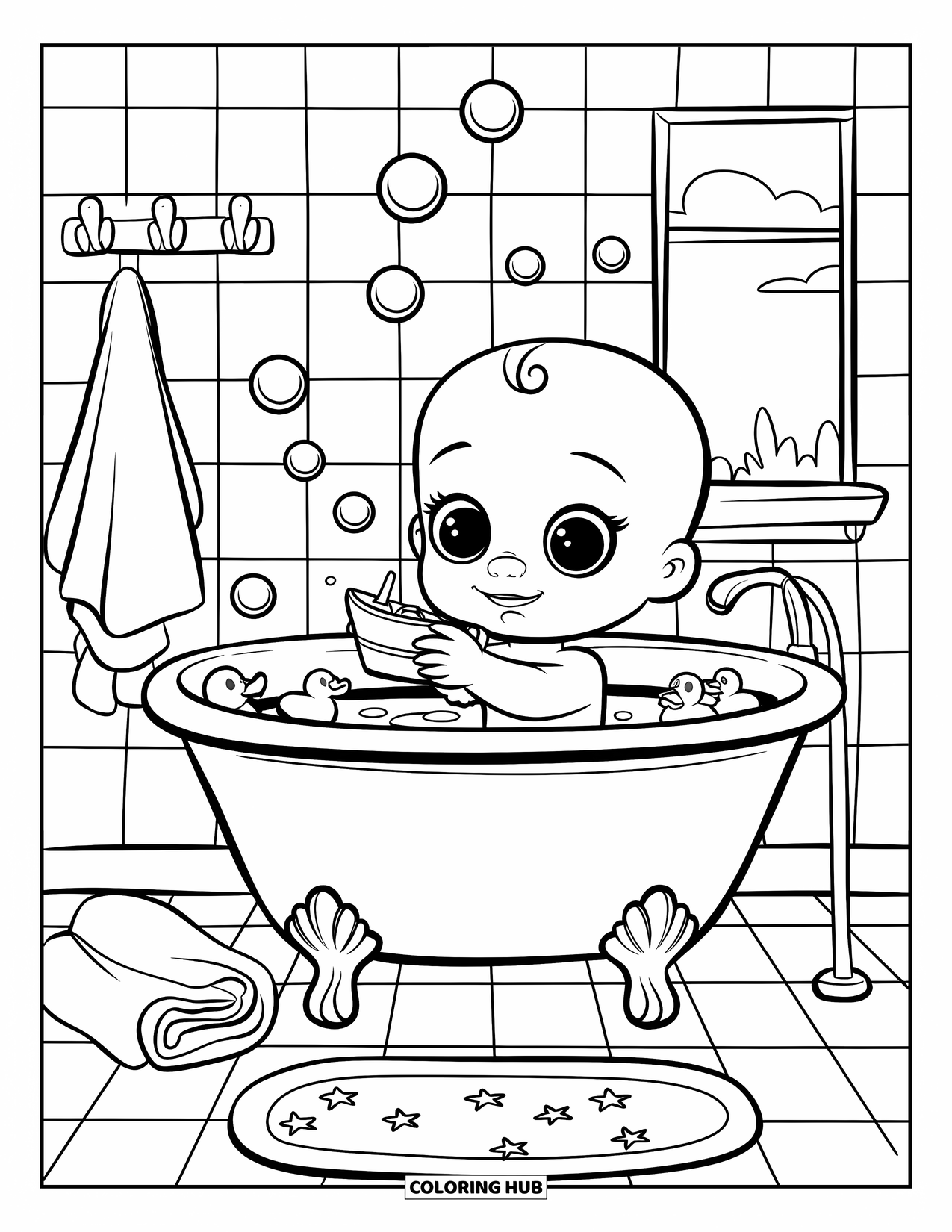 Baby Boy Coloring Page for Kids: A baby plays with rubber duckies in a bubbly bathtub under a fluffy window view