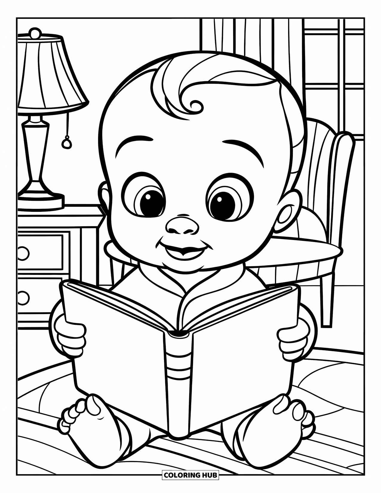 Baby Boy Coloring Page for Kids: A baby reads a book before bed in a cozy room with a lamp and shelf