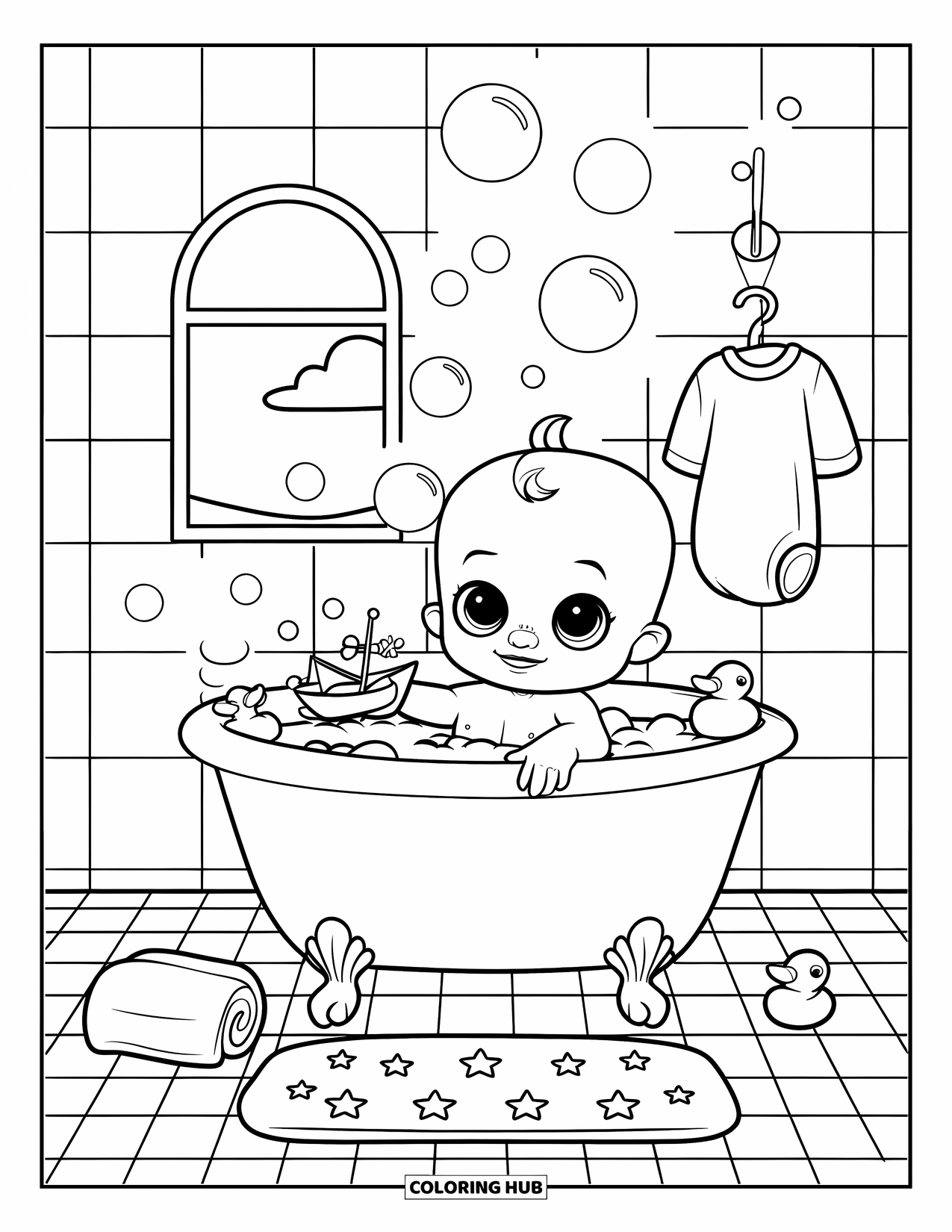 Baby Boy Coloring Page for Kids: A baby sits in a bubbly tub with duckies and a toy boat floating nearby