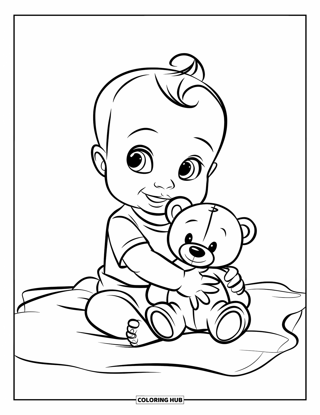 Baby Boy Coloring Page for Kids: A baby sits on a blanket holding a teddy bear with a sweet smile