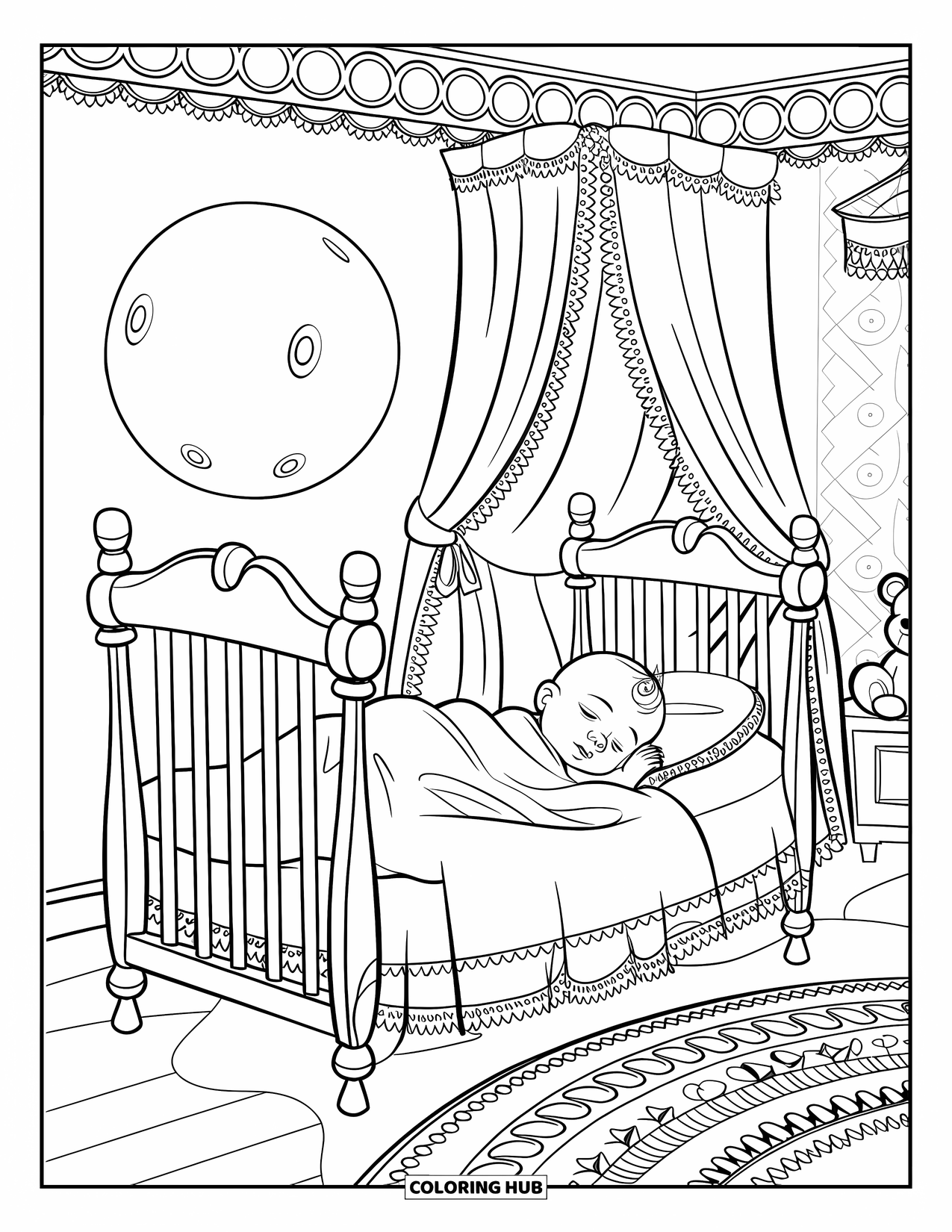 Baby Boy Coloring Page for Kids: A baby sleeps under the stars with a teddy and a glowing moon above