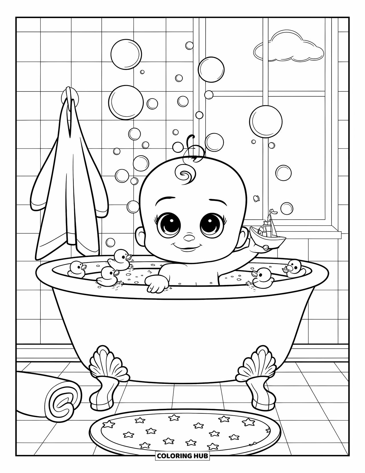 Baby Boy Coloring Page for Kids: A baby splashes in a round tub with duckies and one bubble landing on his nose