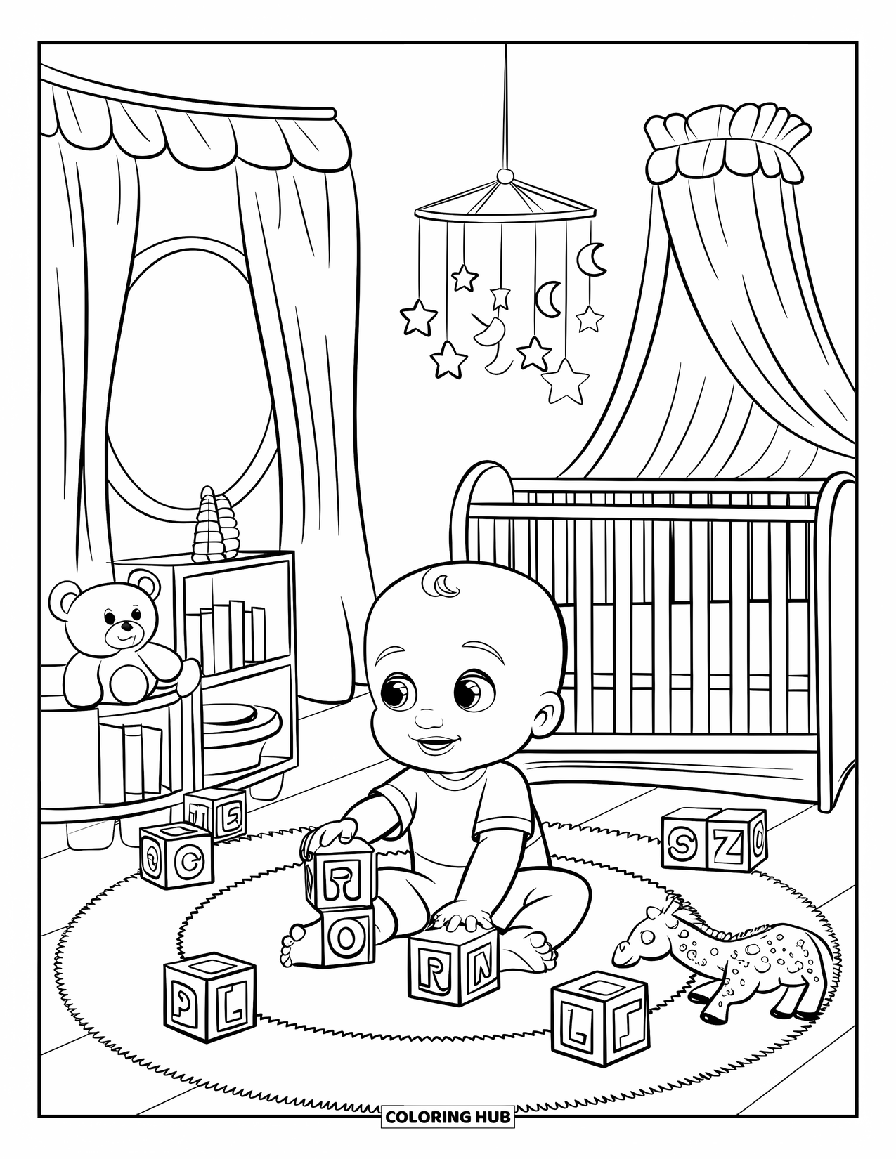 Baby Boy Coloring Page for Kids: A baby stacks blocks on the floor near a crib, toys, and a round window