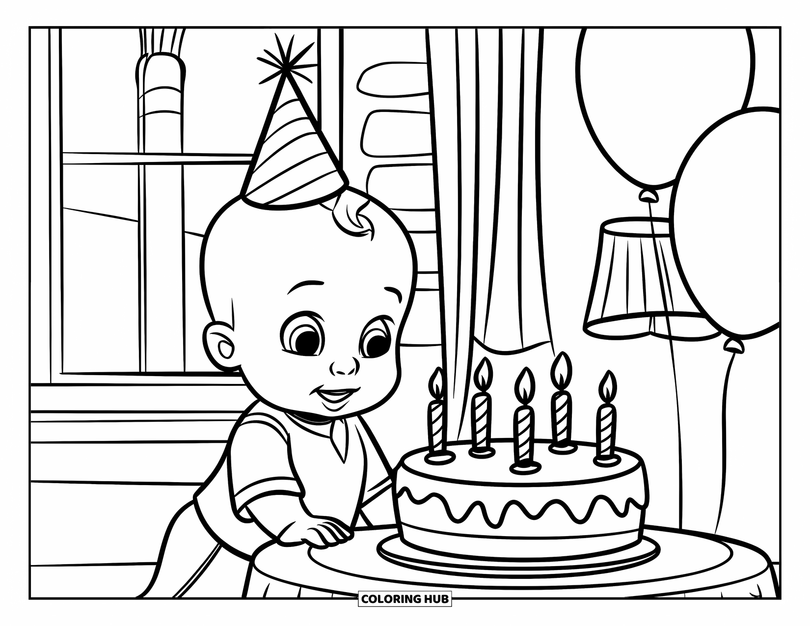 Baby Boy Coloring Page for Kids: A baby stands beside a birthday cake with balloons and candles in a cheerful room
