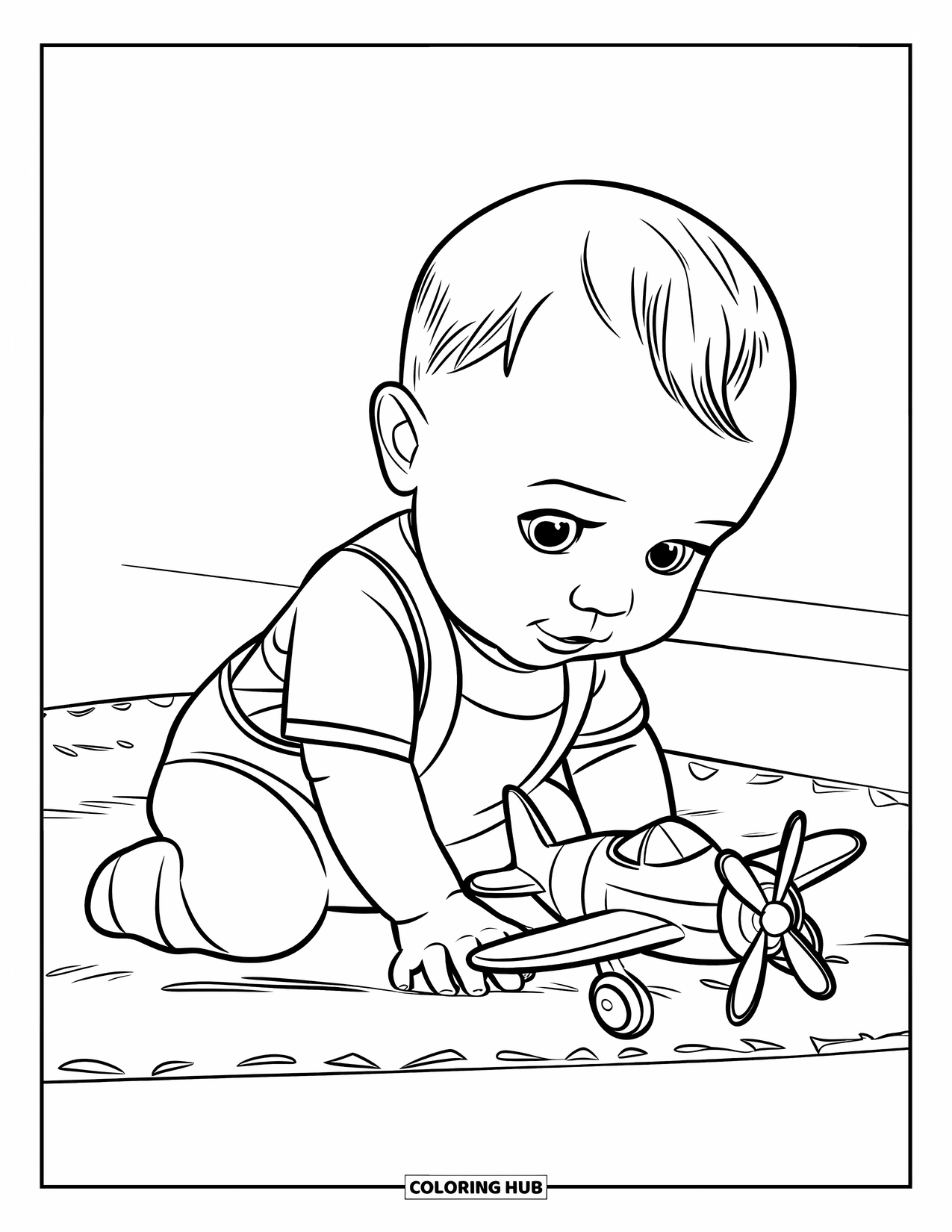 Baby Boy Coloring Page for Kids: A baby waves a toy airplane in the air while sitting on the carpet