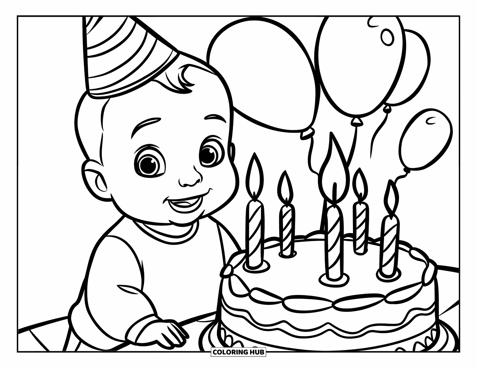 Baby Boy Coloring Page for Kids: A birthday baby stands happily next to a cake with balloons in the background