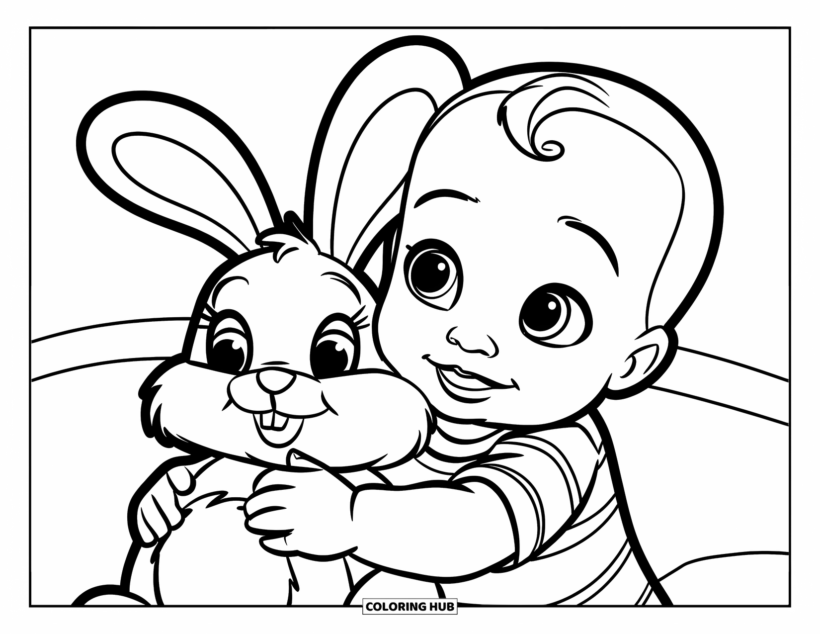 Baby Boy Coloring Page for Kids: A cheerful baby hugs a stuffed bunny with a warm and happy expression