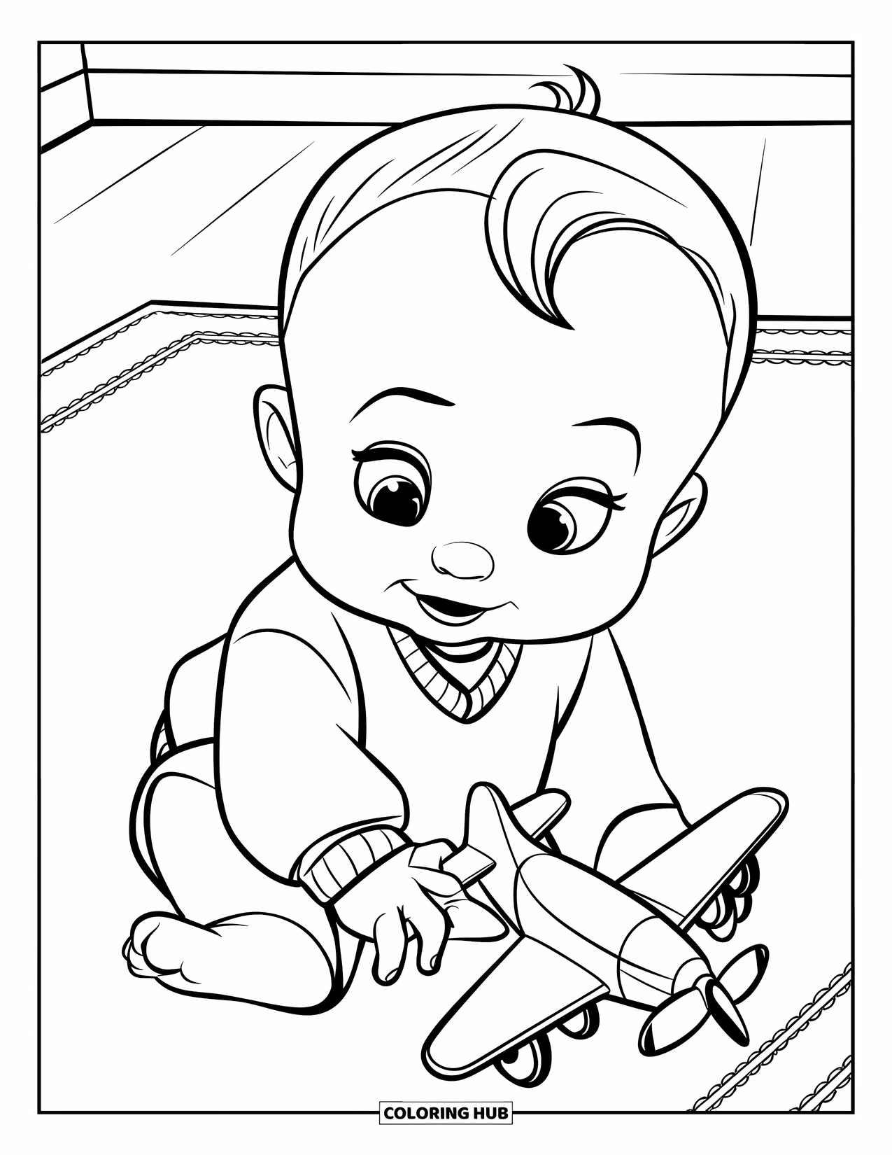 Baby Boy Coloring Page for Kids: A smiling baby plays with a plane on a soft rug in a simple room