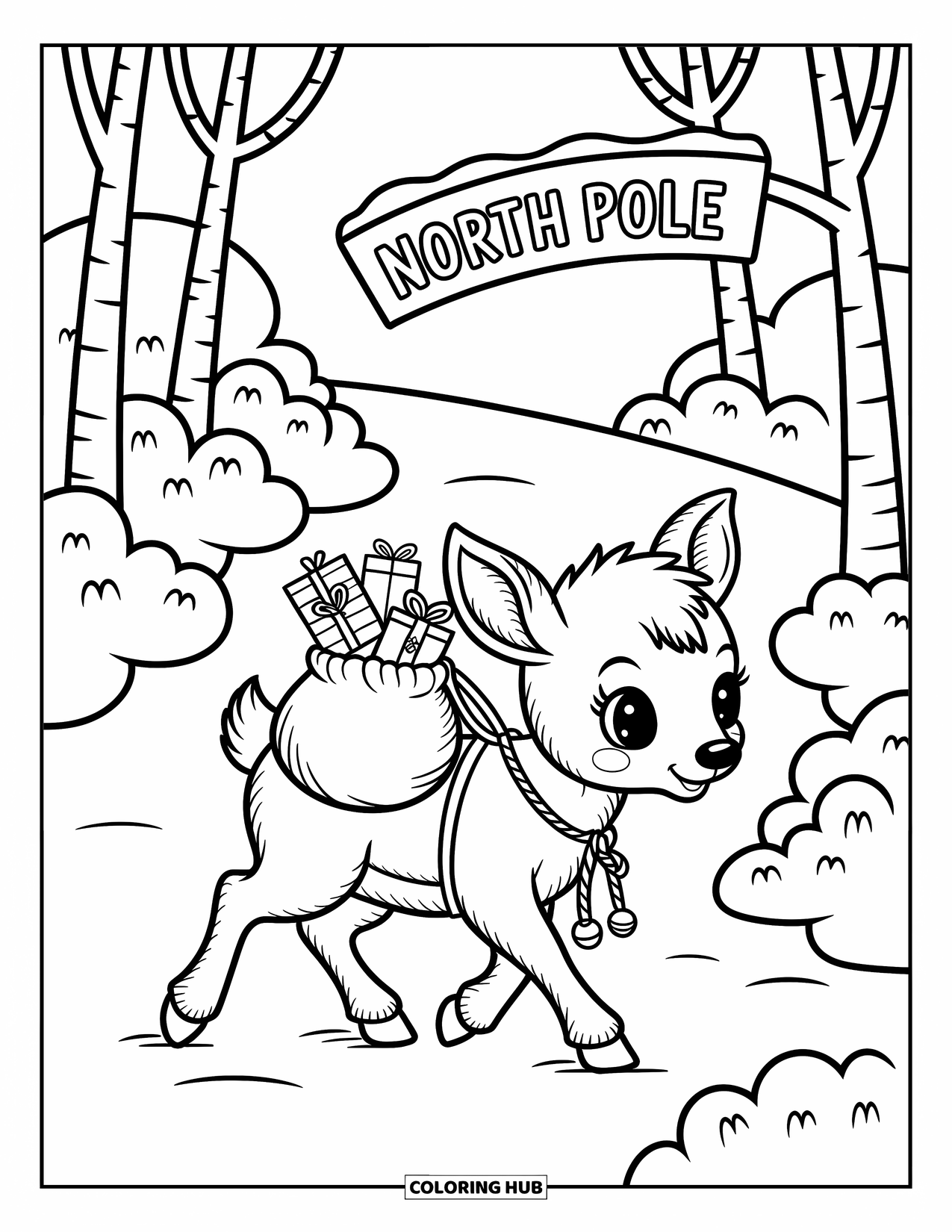 Baby Reindeer Coloring Page for Adults: A baby reindeer trots through snow with presents and jingling bells