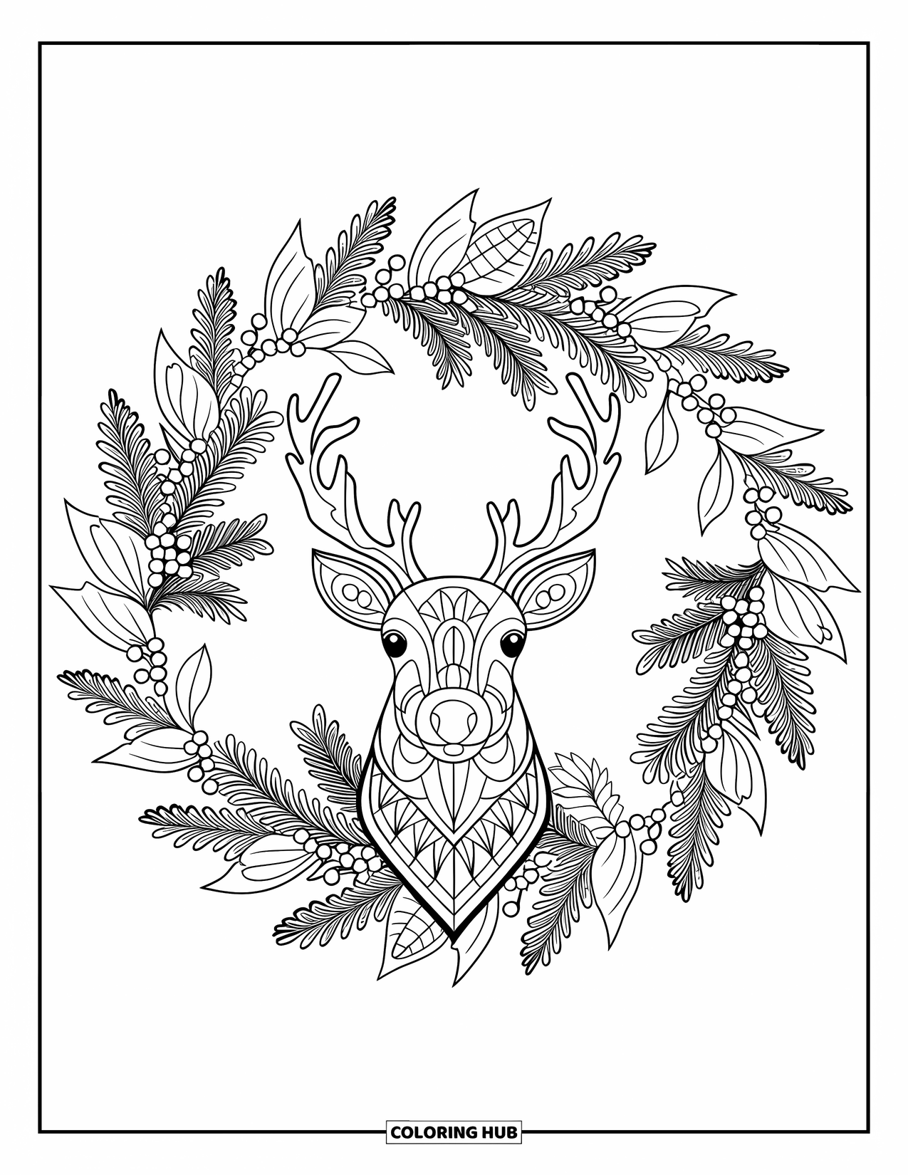 Baby Reindeer Coloring Page for Adults: A reindeer face encircled by detailed leaves, spirals, and pinecones