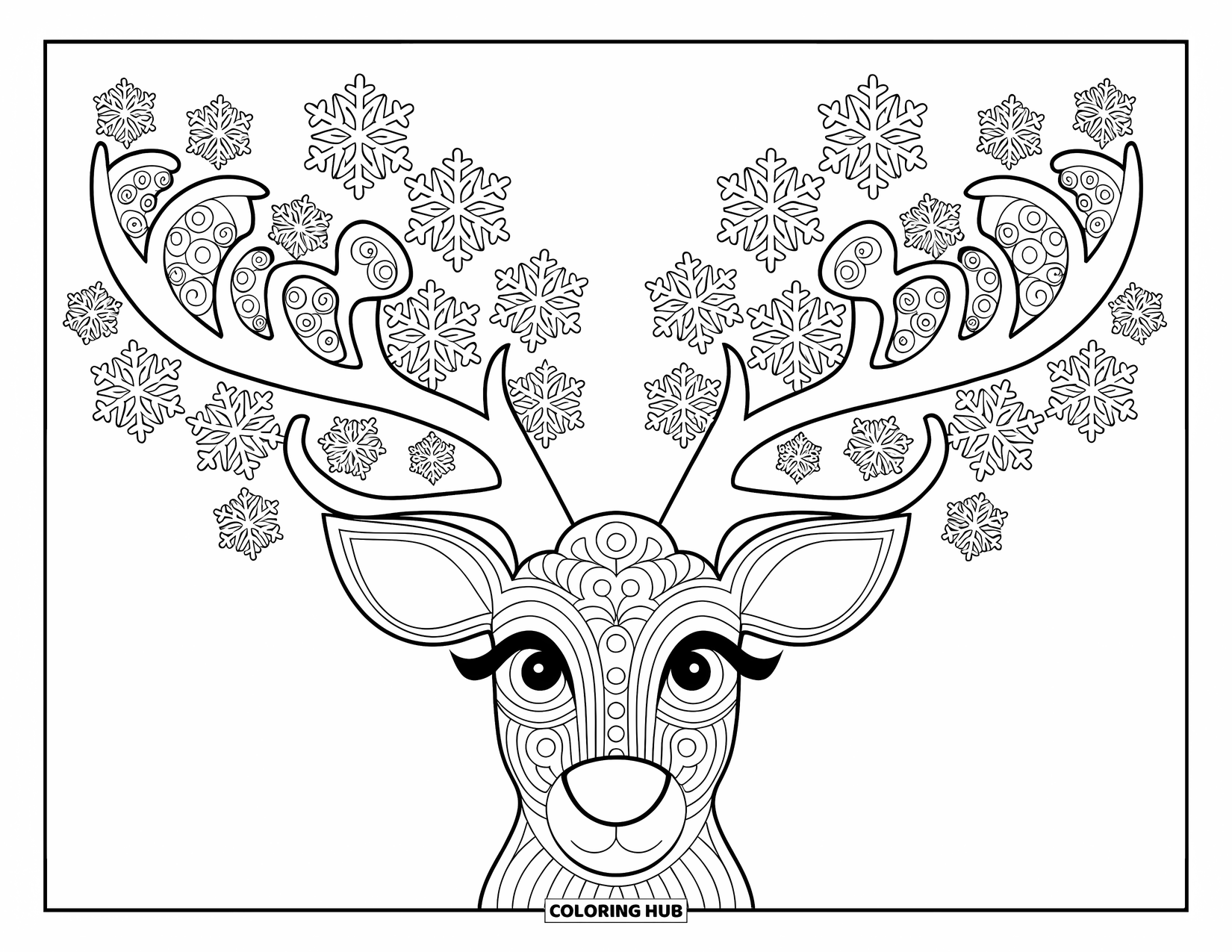 Baby Reindeer Coloring Page for Adults: A reindeer face framed by snowflake antlers with bold outlines