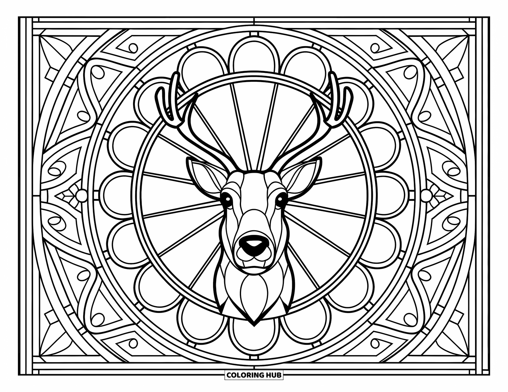 Baby Reindeer Coloring Page for Adults: A reindeer face rests within a stained-glass rose window design