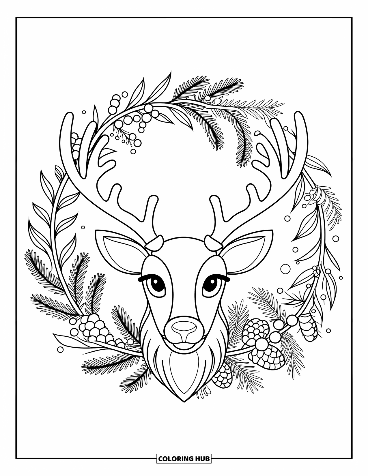 Baby Reindeer Coloring Page for Adults: A reindeer face surrounded by branches, mistletoe, and pinecones