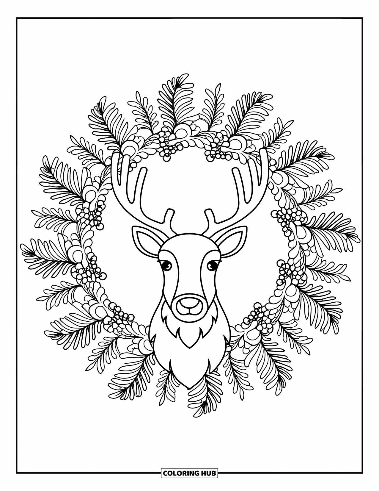 Baby Reindeer Coloring Page for Adults: A reindeer framed by evergreen leaves and berries in a circular design