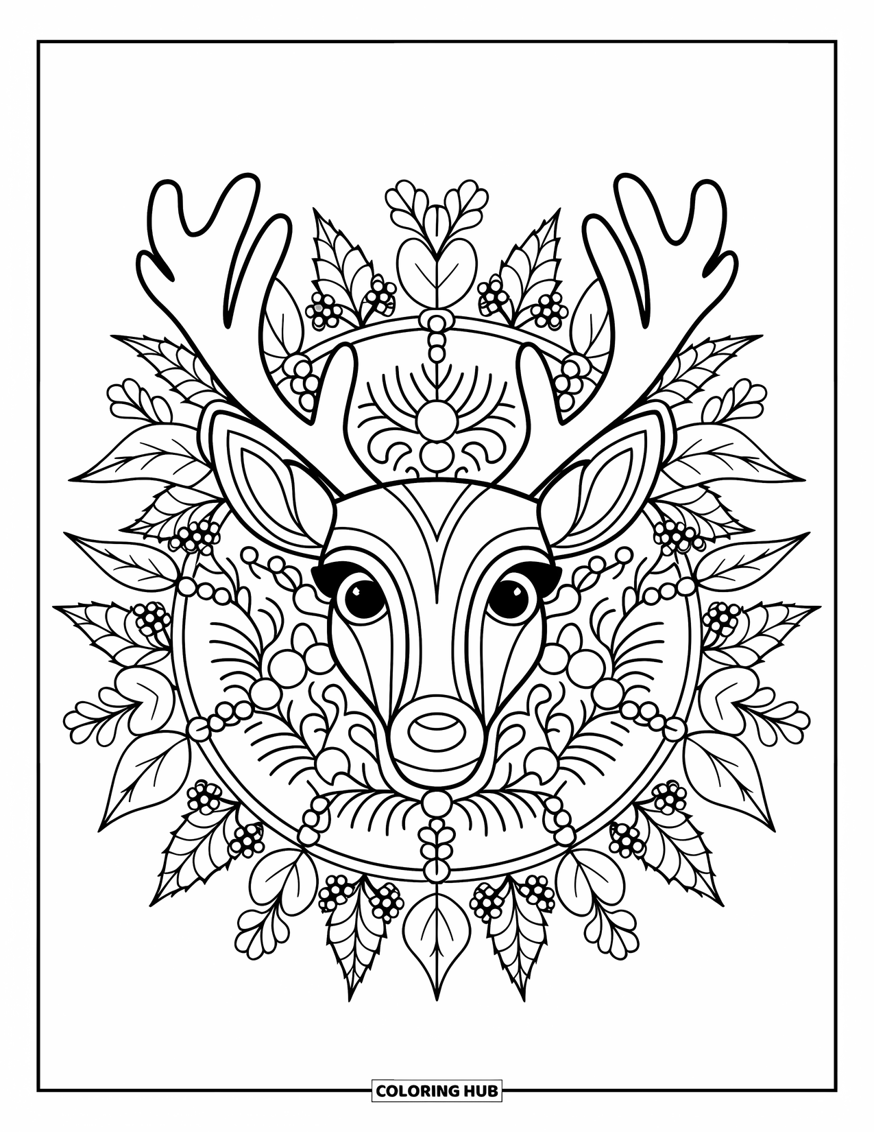 Baby Reindeer Coloring Page for Adults: A reindeer framed by holly, berries, and swirling winter vines