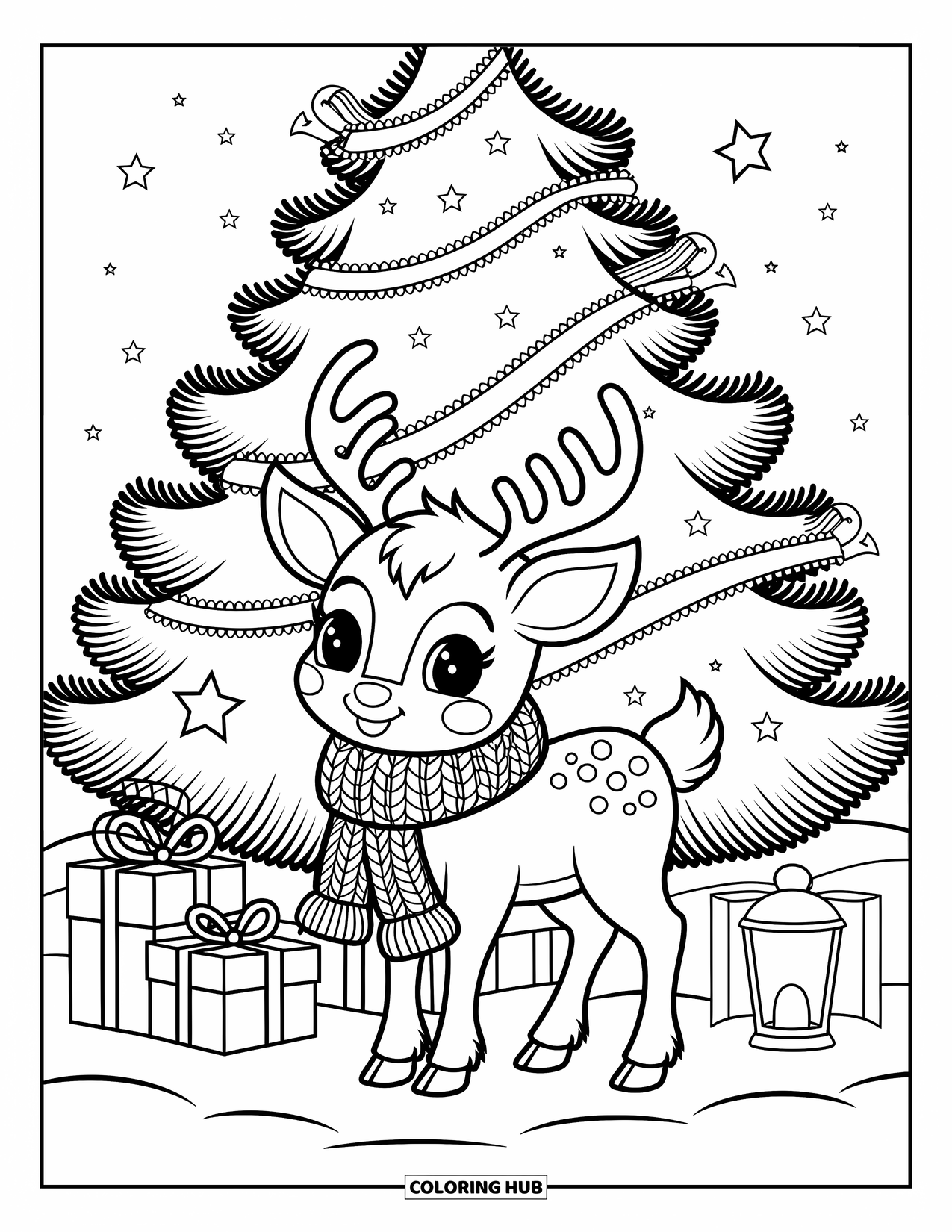 Baby Reindeer Coloring Page for Adults: A reindeer in a scarf stands by a festive pine with presents below