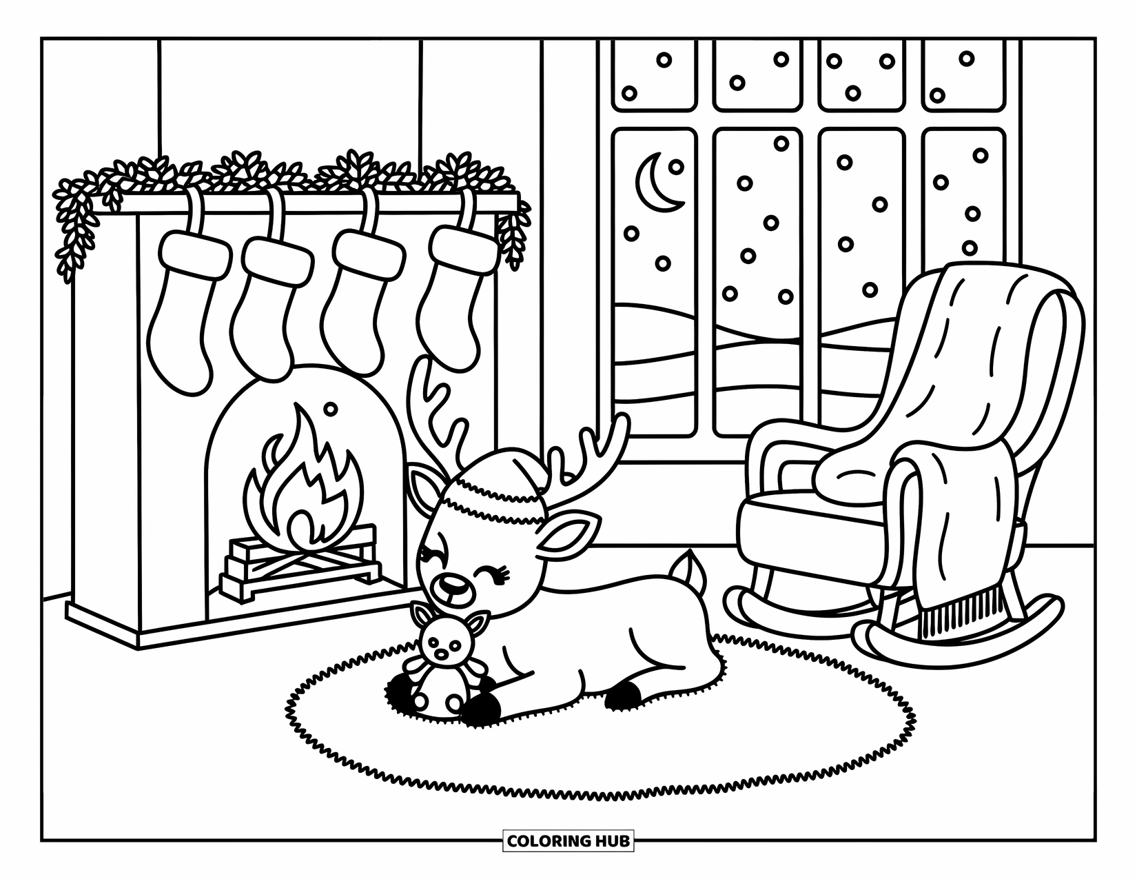 Baby Reindeer Coloring Page for Adults: A reindeer naps by a warm fireplace under stockings and moonlight