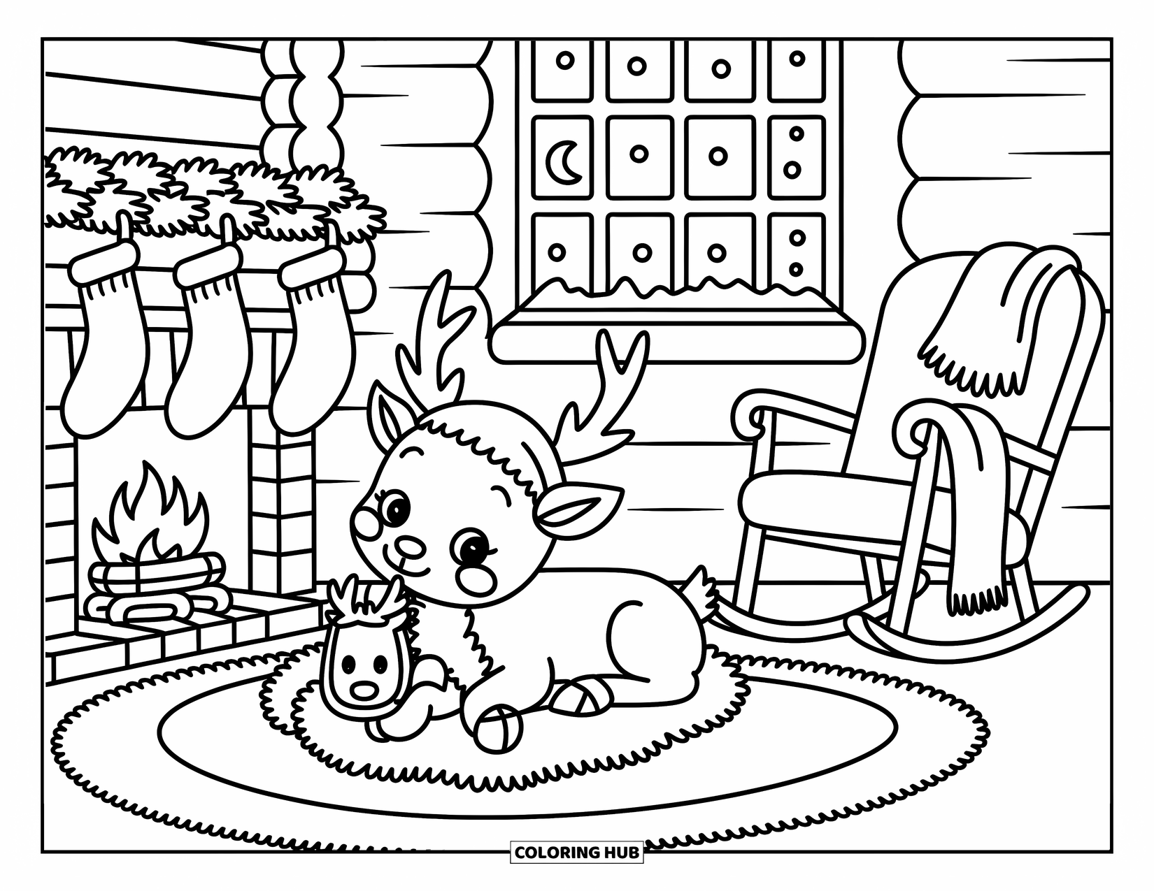 Baby Reindeer Coloring Page for Adults: A reindeer snoozes by the fire as snow falls outside the cabin