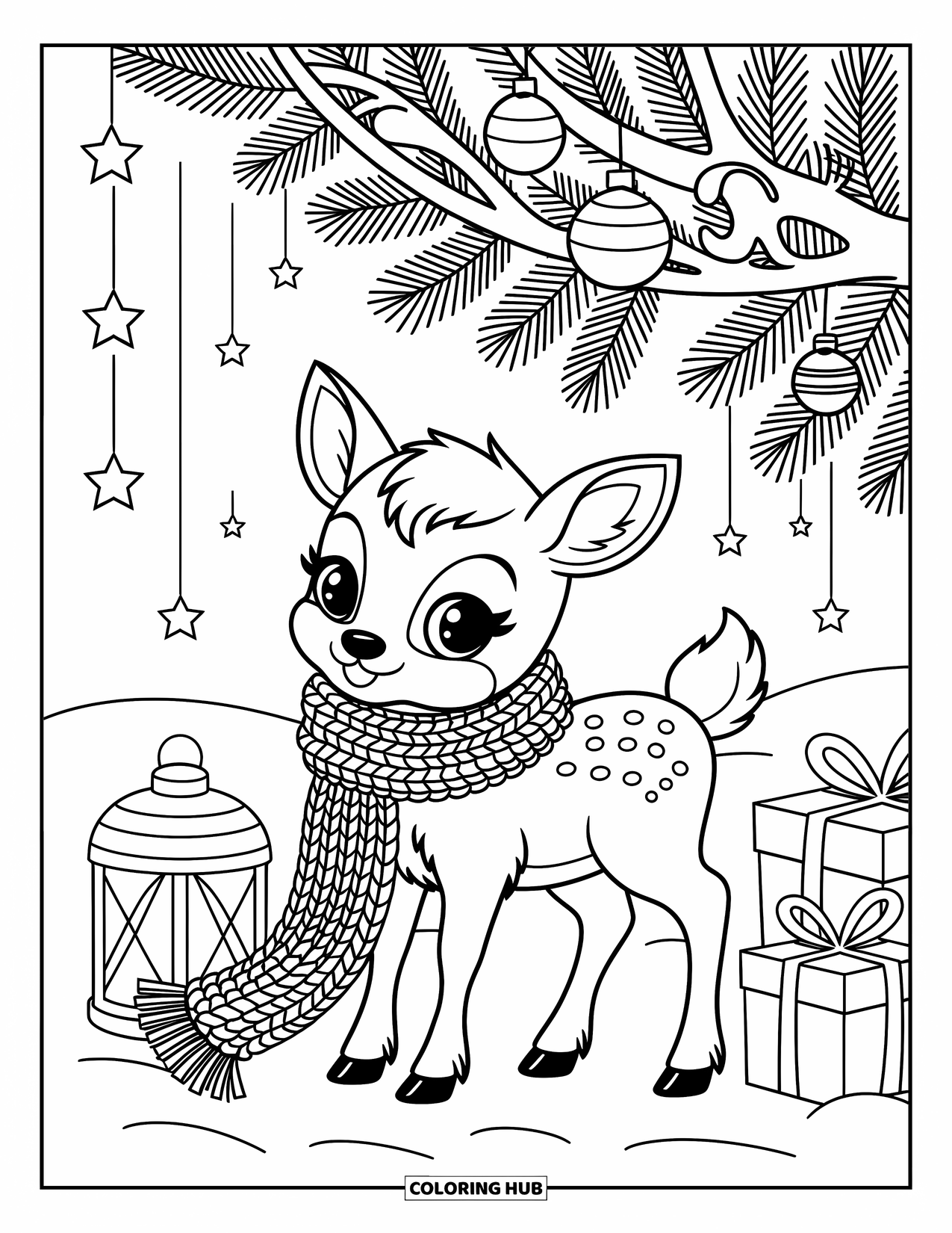 Baby Reindeer Coloring Page for Adults: A reindeer stands beneath a pine tree covered in ornaments and ribbon