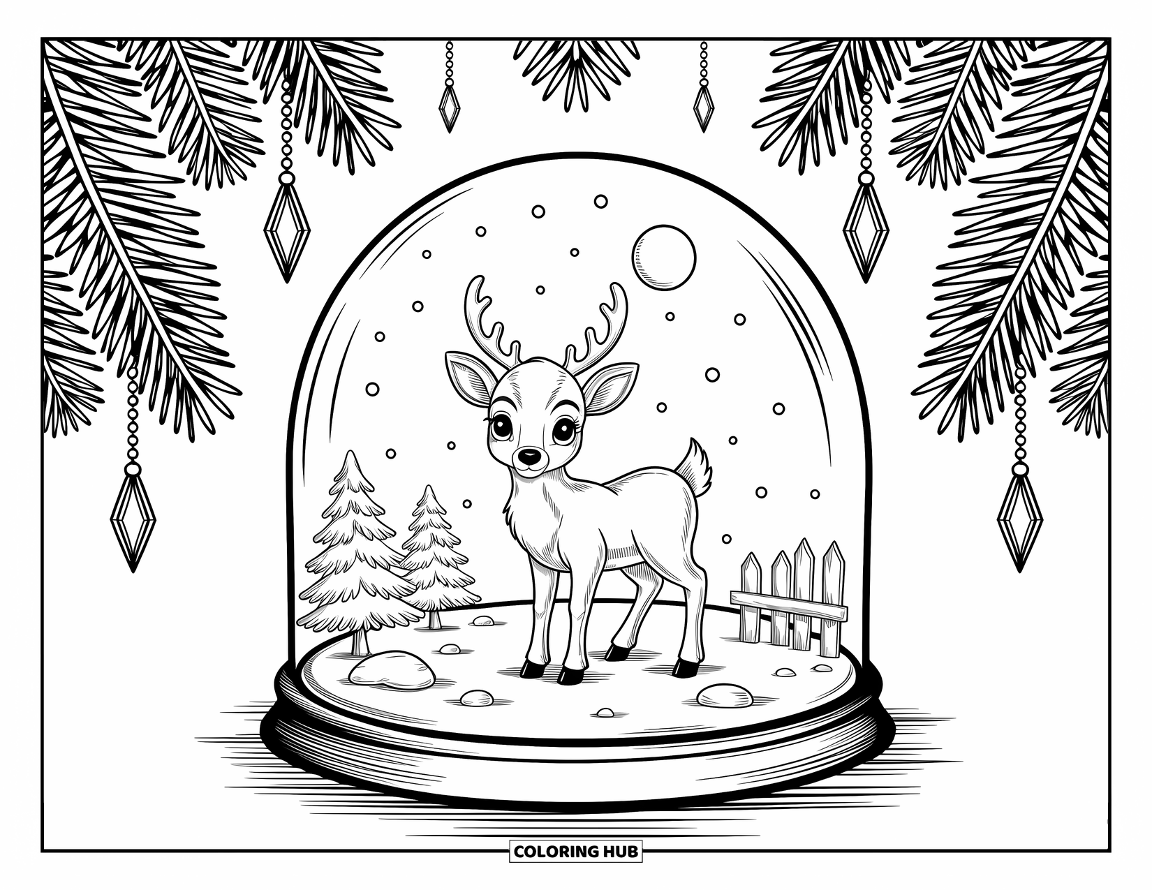 Baby Reindeer Coloring Page for Adults: A reindeer stands in a snow globe beneath stars and pine branches