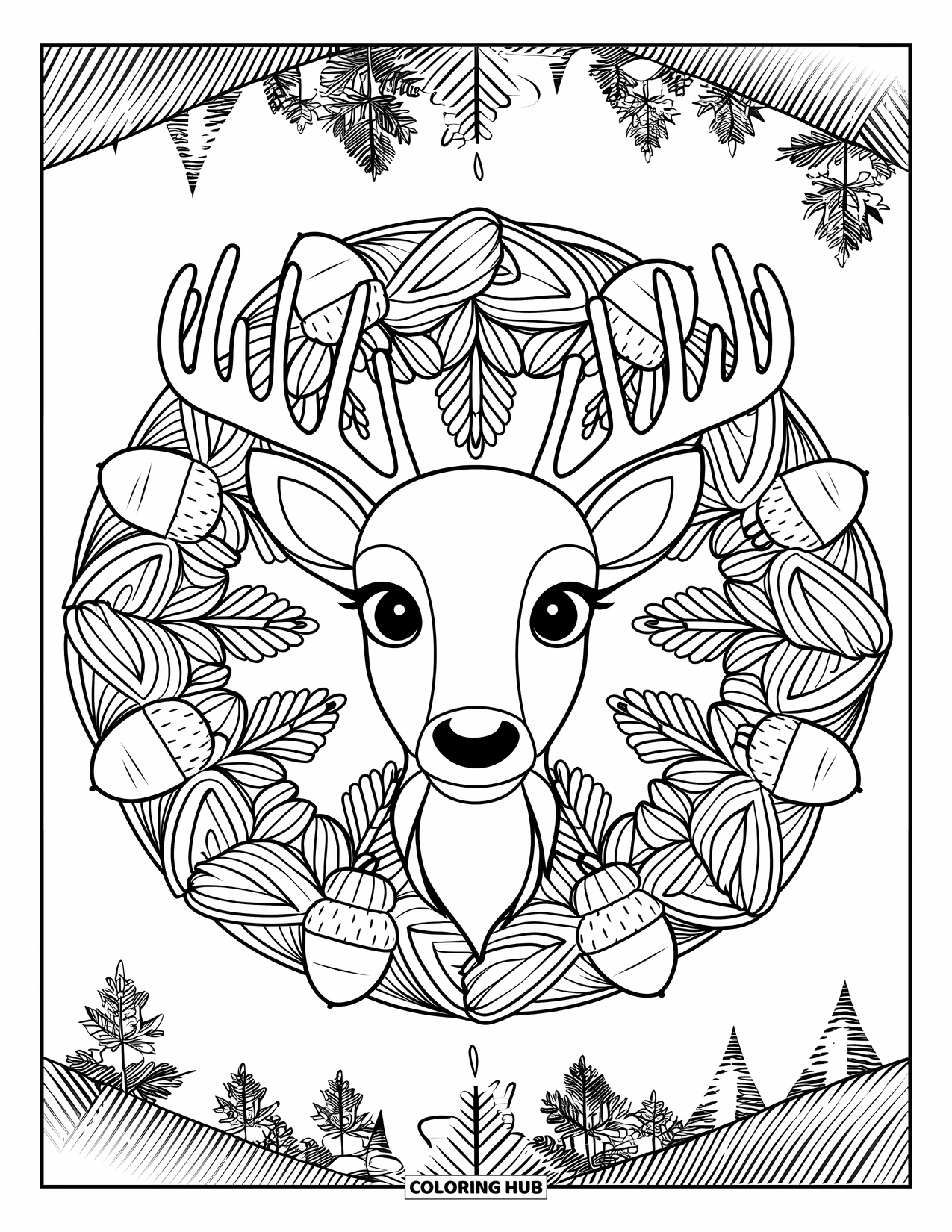Baby Reindeer Coloring Page for Adults: A reindeer surrounded by a mandala of pine needles and winter shapes