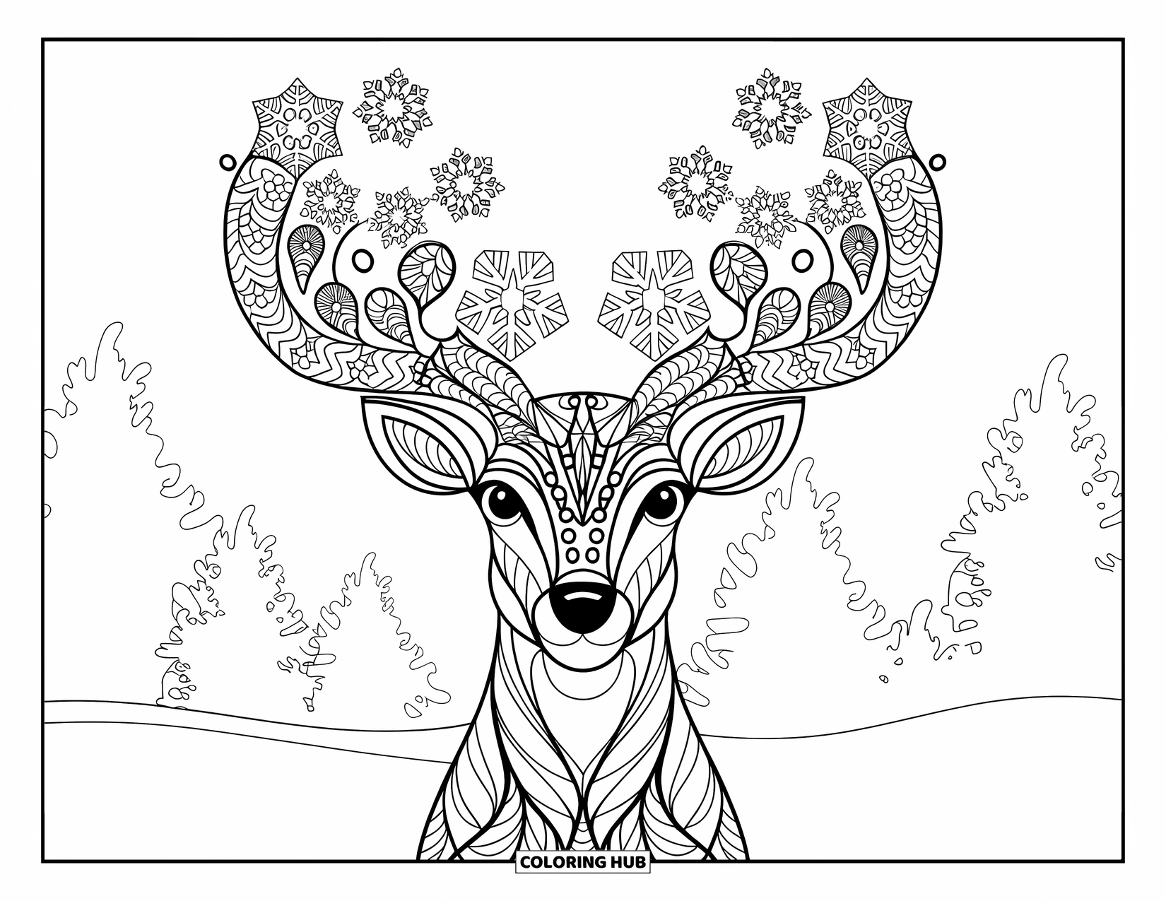 Baby Reindeer Coloring Page for Adults: A reindeer with snowflake antlers stands among trees in the snow