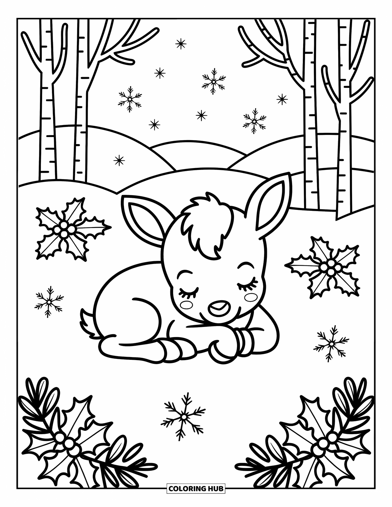 Baby Reindeer Coloring Page for Adults: A resting reindeer sleeps in the snow beneath gentle falling stars