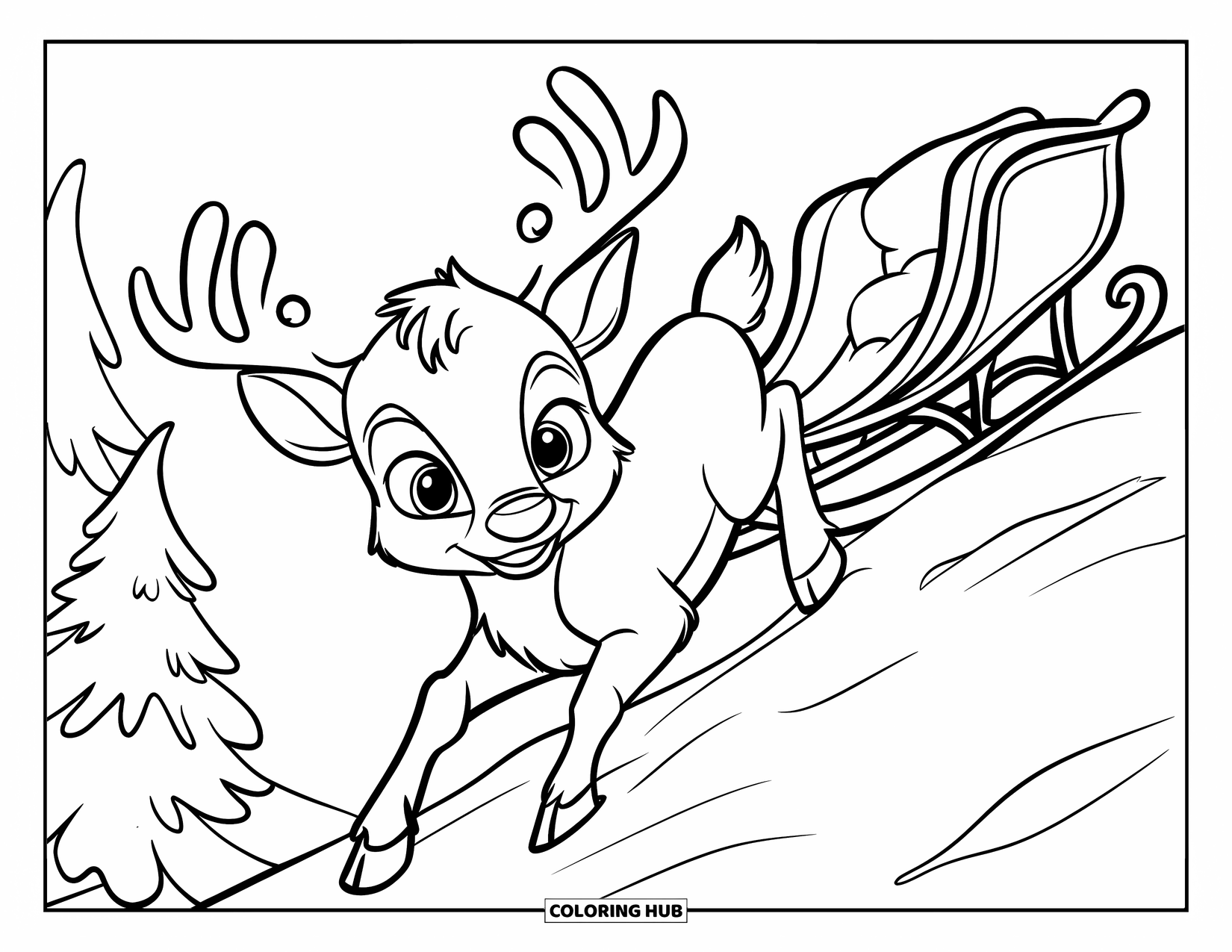 Baby Reindeer Coloring Page for Kids: A baby reindeer climbs a snowy hill pulling a sleigh through the trees