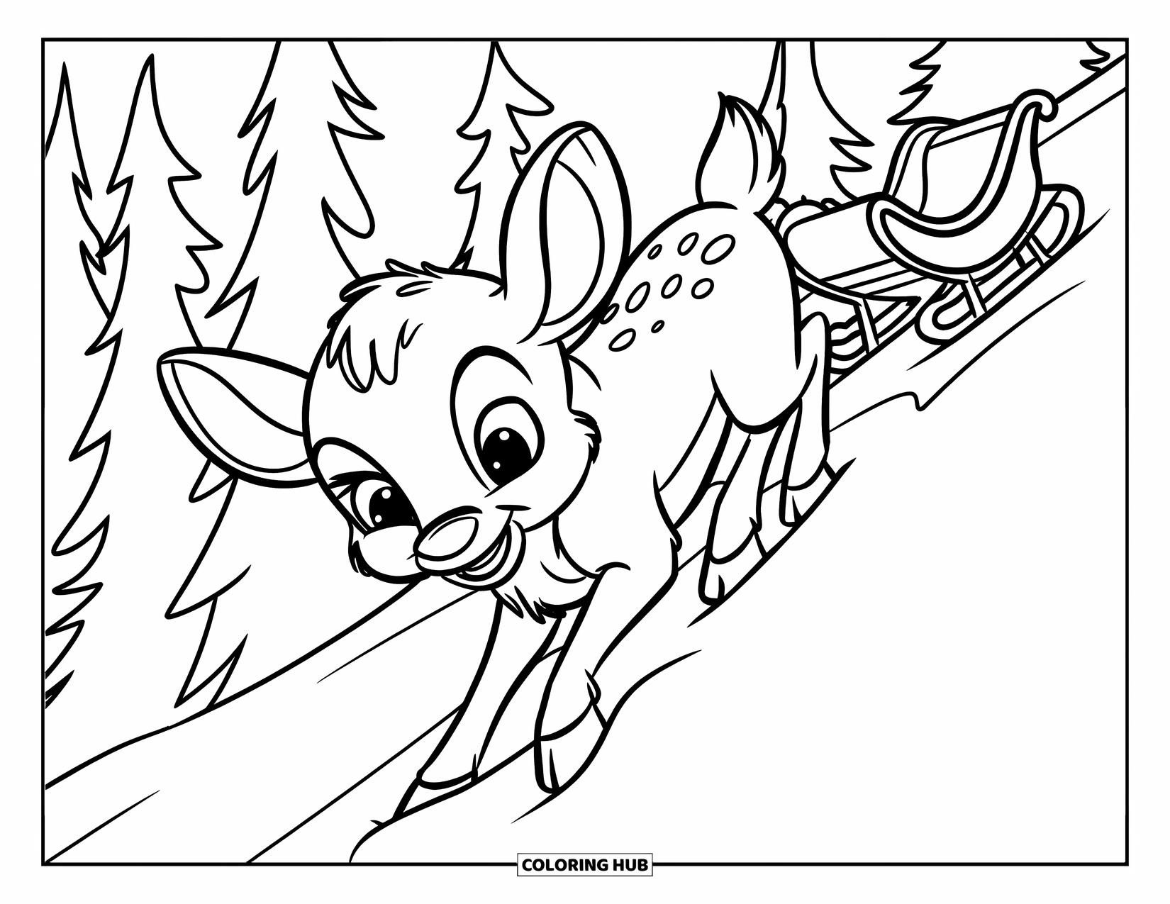 Baby Reindeer Coloring Page for Kids: A baby reindeer climbs a snowy hill with tall trees nearby