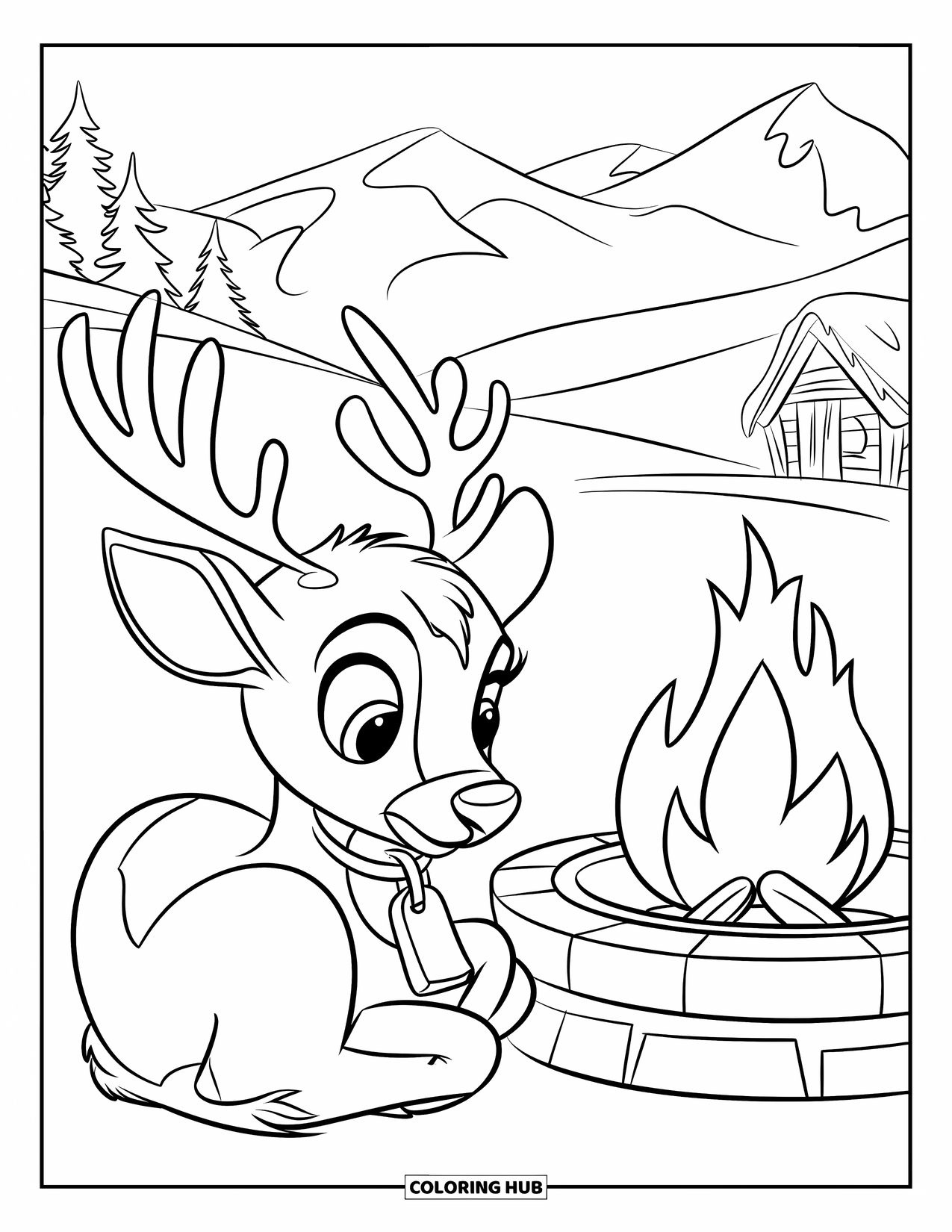 Baby Reindeer Coloring Page for Kids: A baby reindeer curls beside a fire with snowy peaks beyond