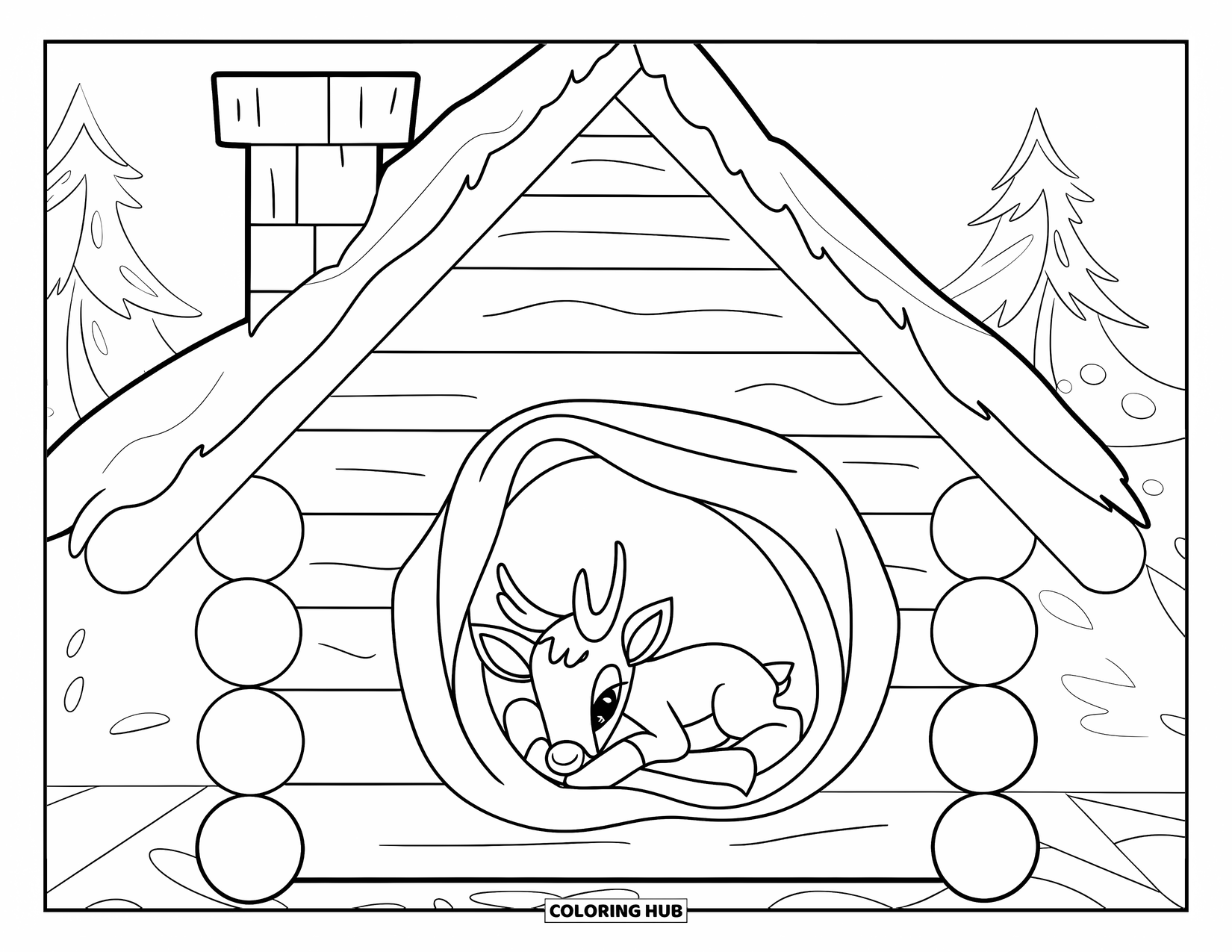 Baby Reindeer Coloring Page for Kids: A baby reindeer curls up warmly inside a log cabin in snow