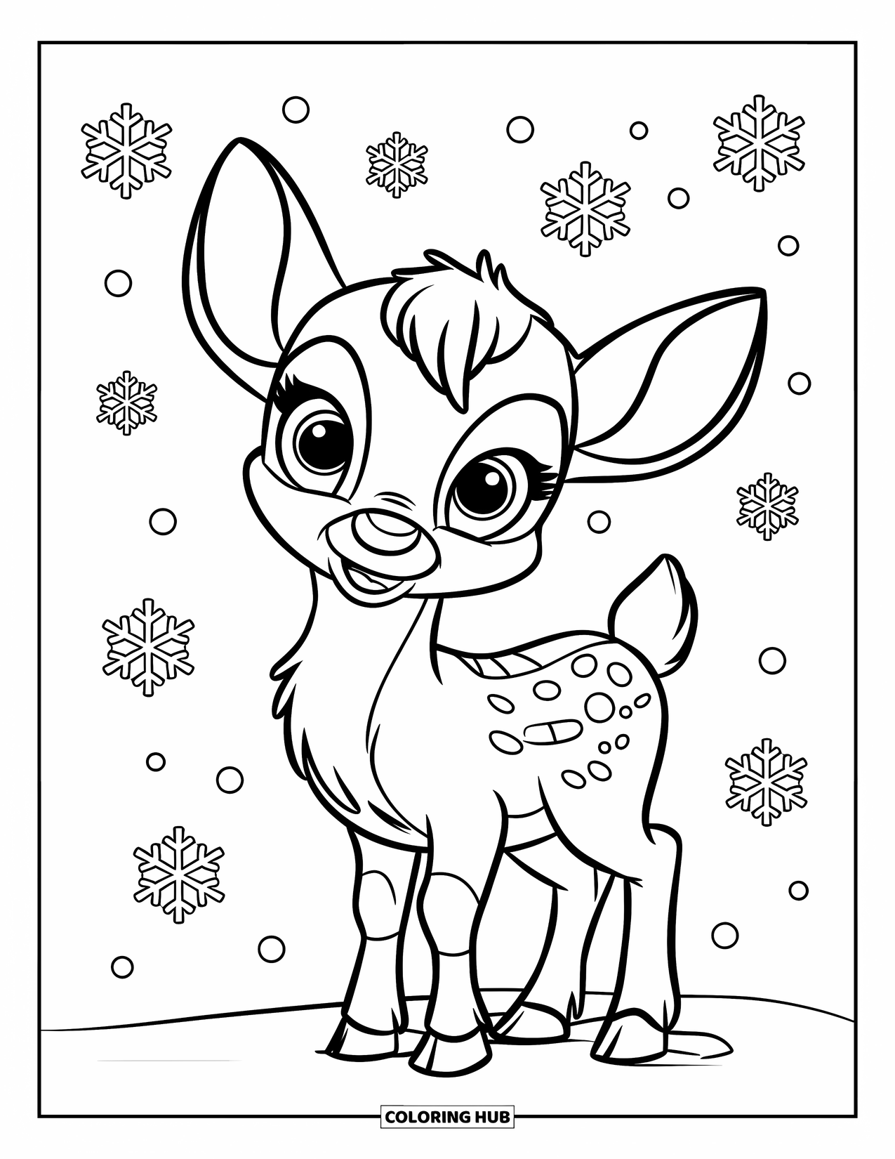 Baby Reindeer Coloring Page for Kids: A baby reindeer gazes up as snowflakes drift down softly