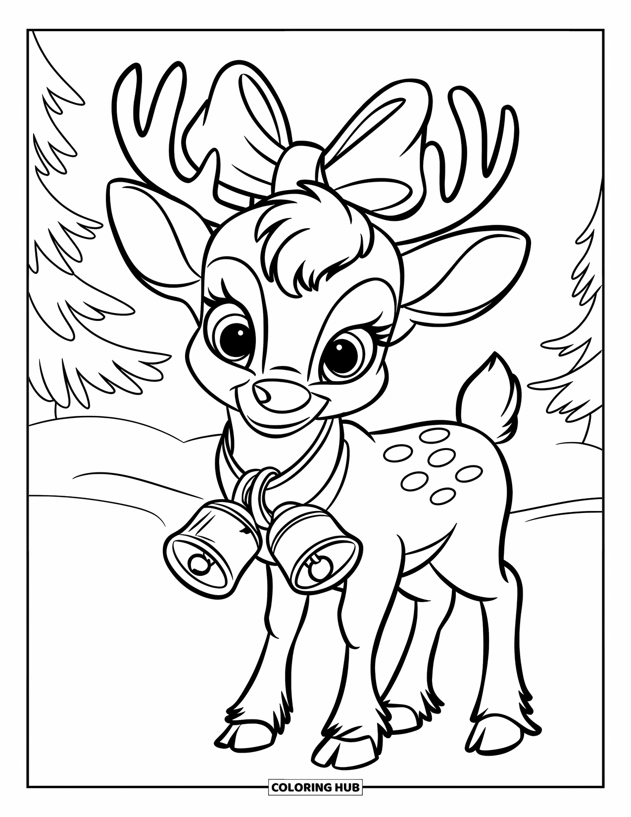 Baby Reindeer Coloring Page for Kids: A baby reindeer jingles its bells beside snow-covered trees