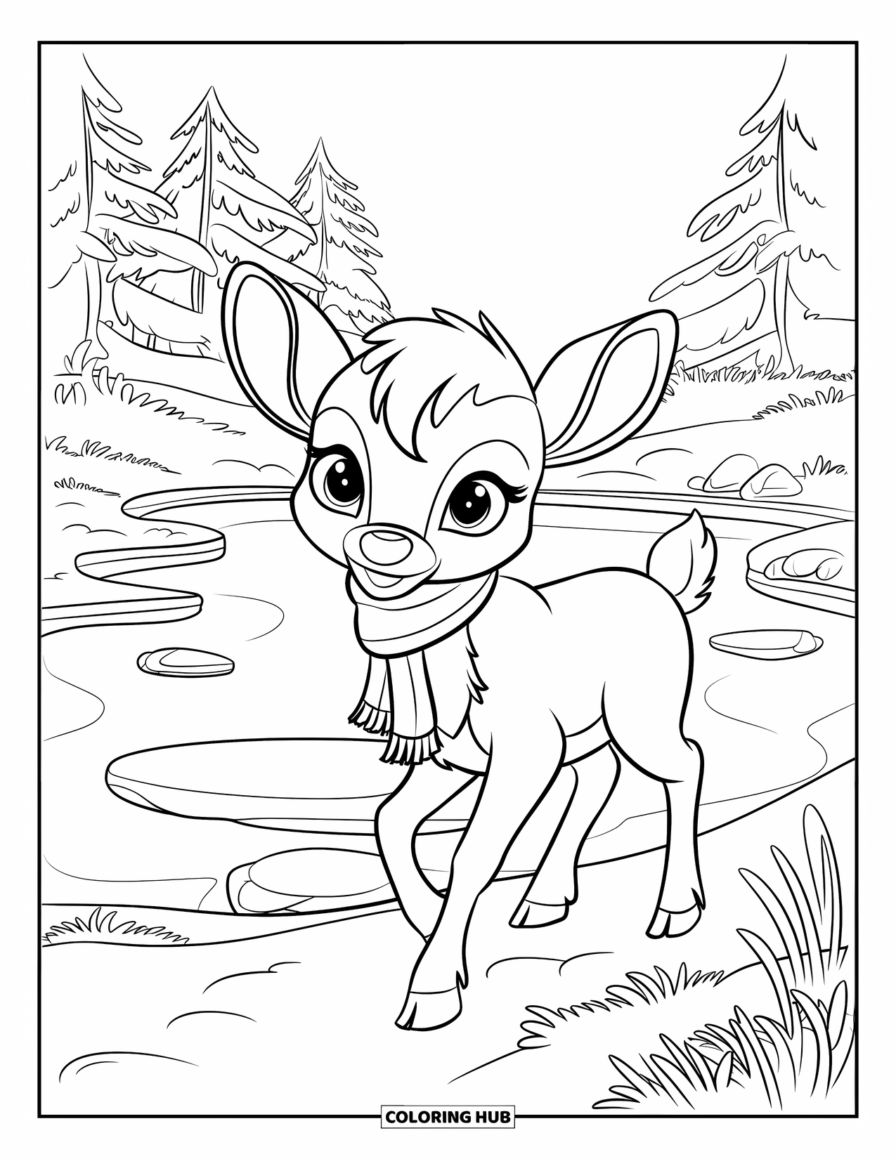 Baby Reindeer Coloring Page for Kids: A baby reindeer strolls beside a frozen pond lined with trees