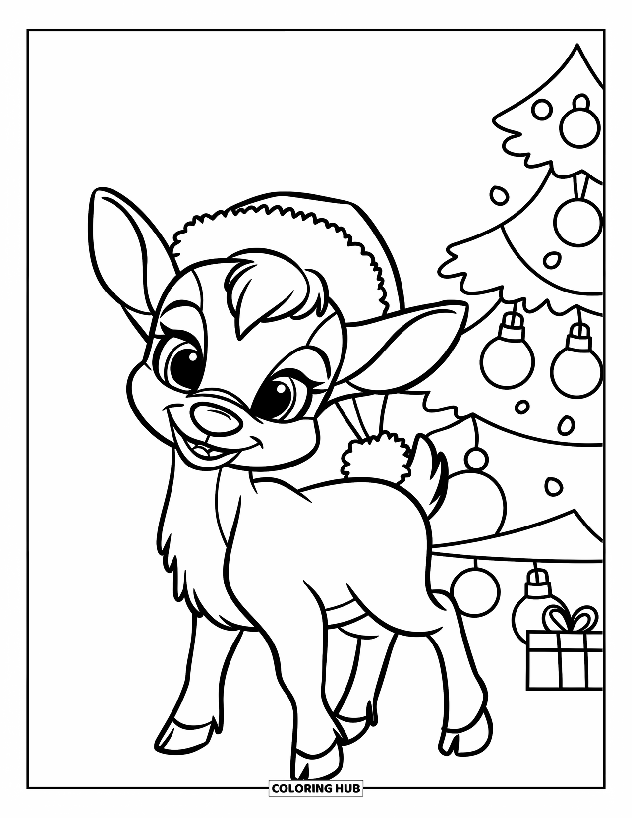Baby Reindeer Coloring Page for Kids: A baby reindeer wearing a Santa hat stands by a Christmas tree