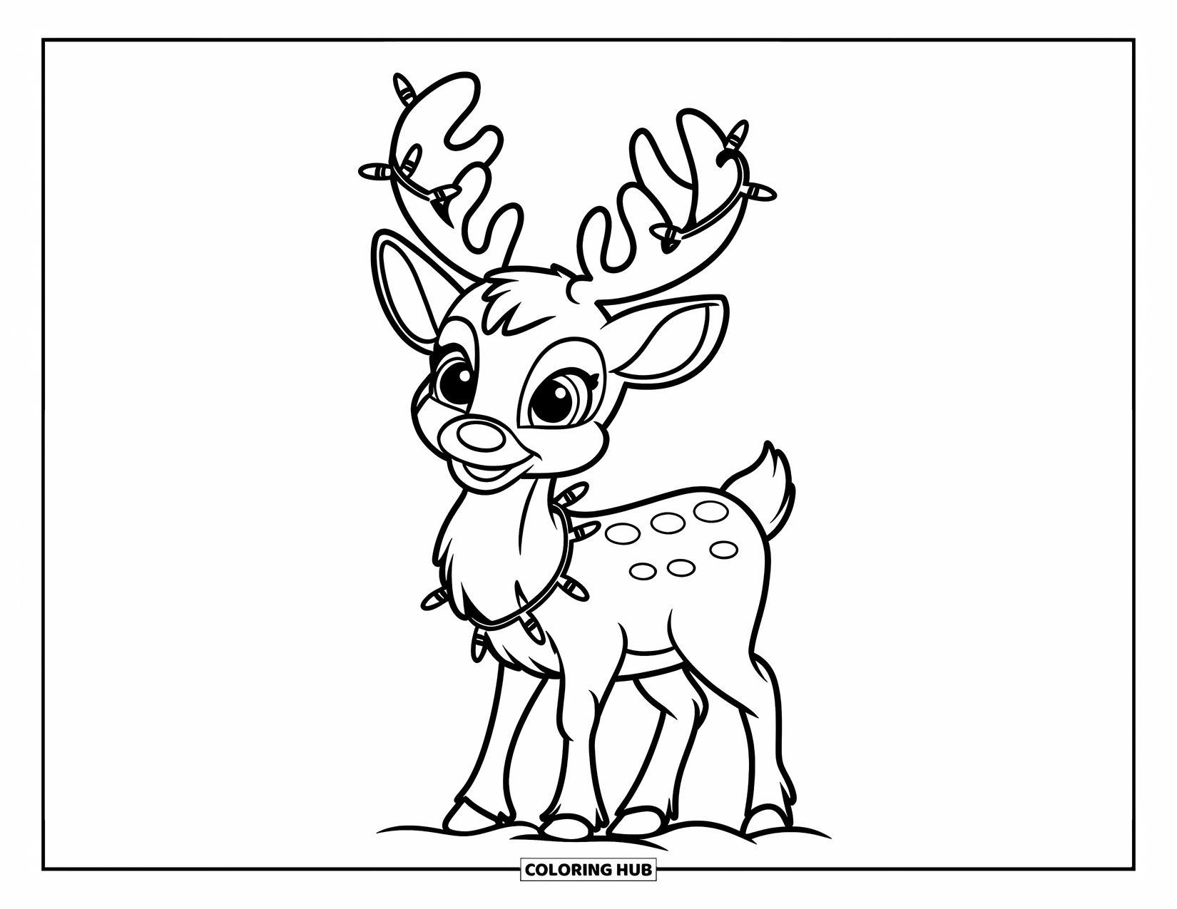 Baby Reindeer Coloring Page for Kids: A baby reindeer with glowing lights on its antlers smiles warmly