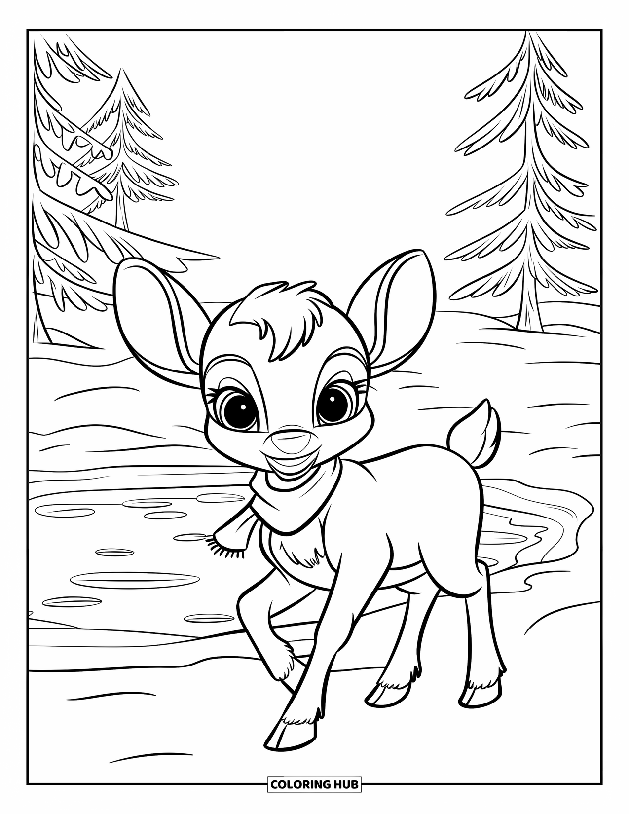 Baby Reindeer Coloring Page for Kids: A curious reindeer walks near an icy pond under quiet trees