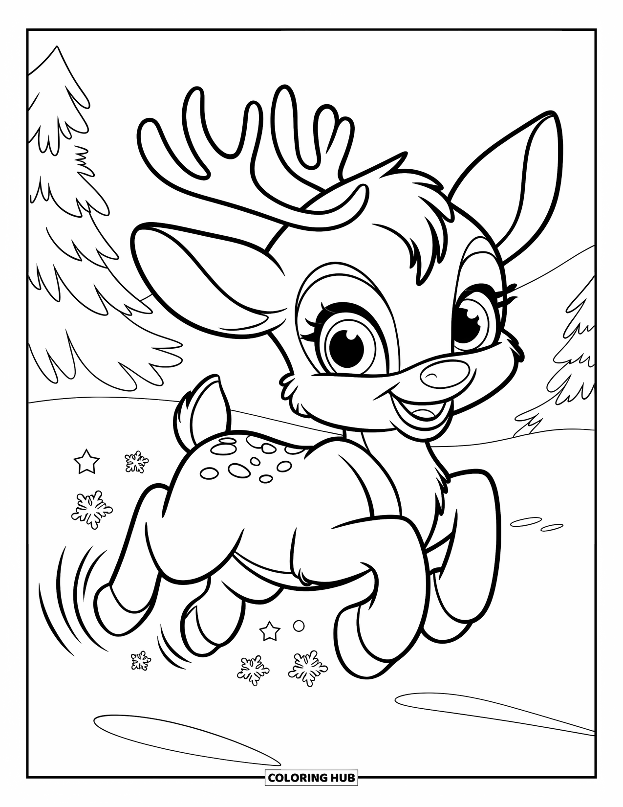 Baby Reindeer Coloring Page for Kids: A happy reindeer leaps through stars and falling snowflakes