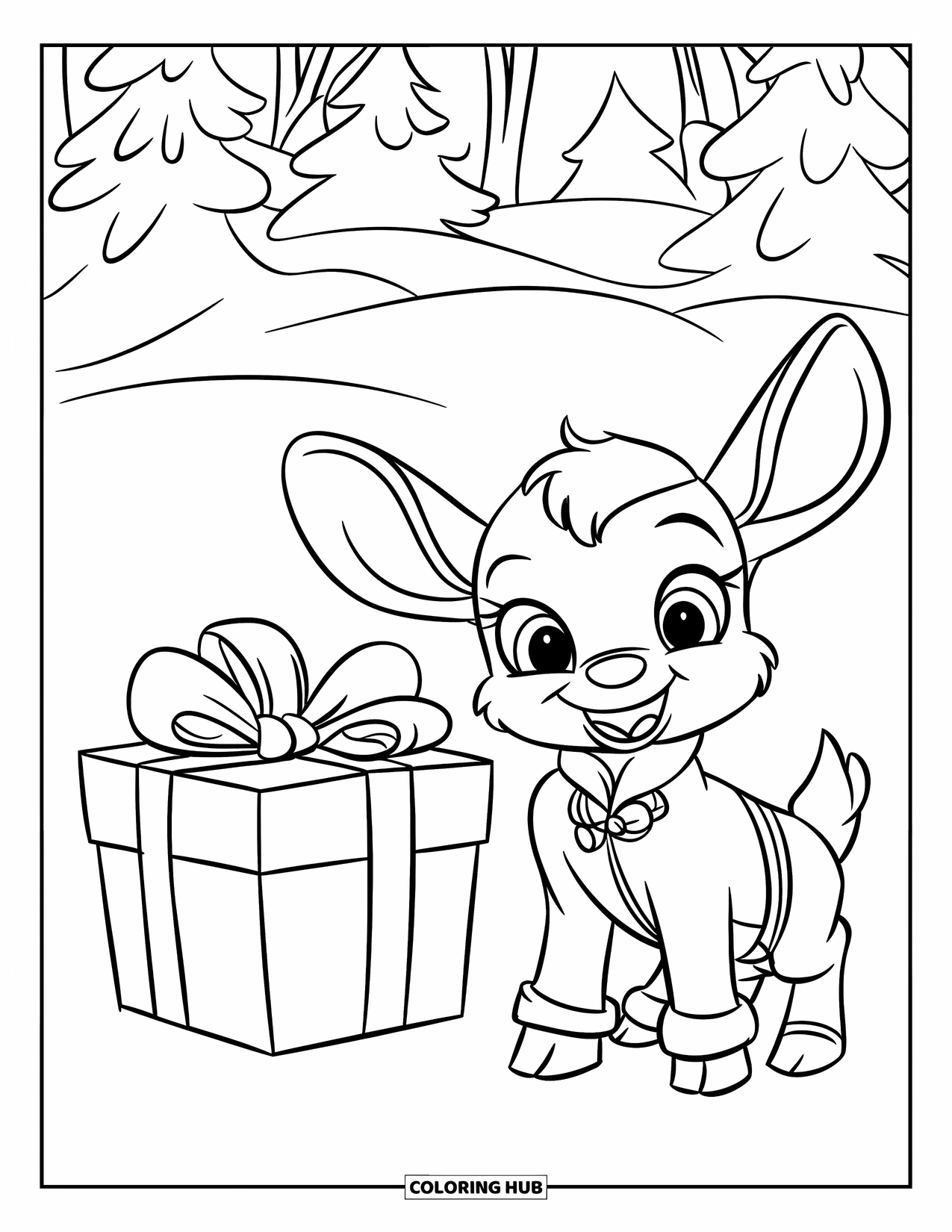 Baby Reindeer Coloring Page for Kids: A happy reindeer poses beside a large present in the snow