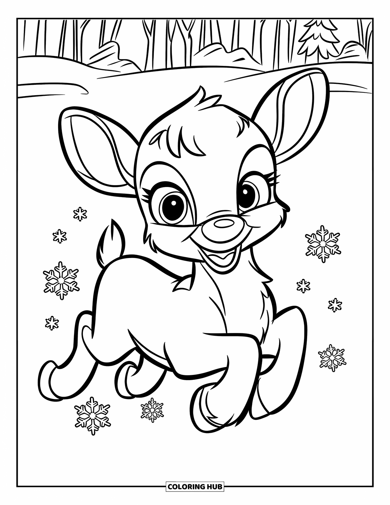 Baby Reindeer Coloring Page for Kids: A joyful reindeer jumps through snow with stars twinkling behind