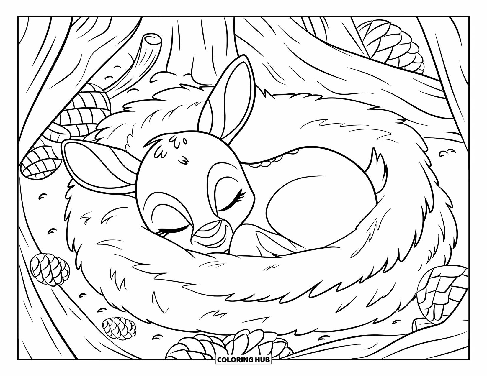 Baby Reindeer Coloring Page for Kids: A peaceful reindeer naps inside a wooden den with soft bedding